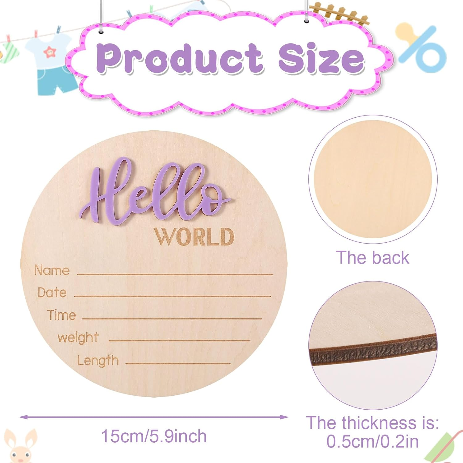 Newborn Announcement Sign, 5.9In Wooden Hello World Sign Baby Welcome Sign Birth Baby Name Plaques for Newborn Boys and Girls Photo Props Baby Shower Hospital Nursery (Light Purple)