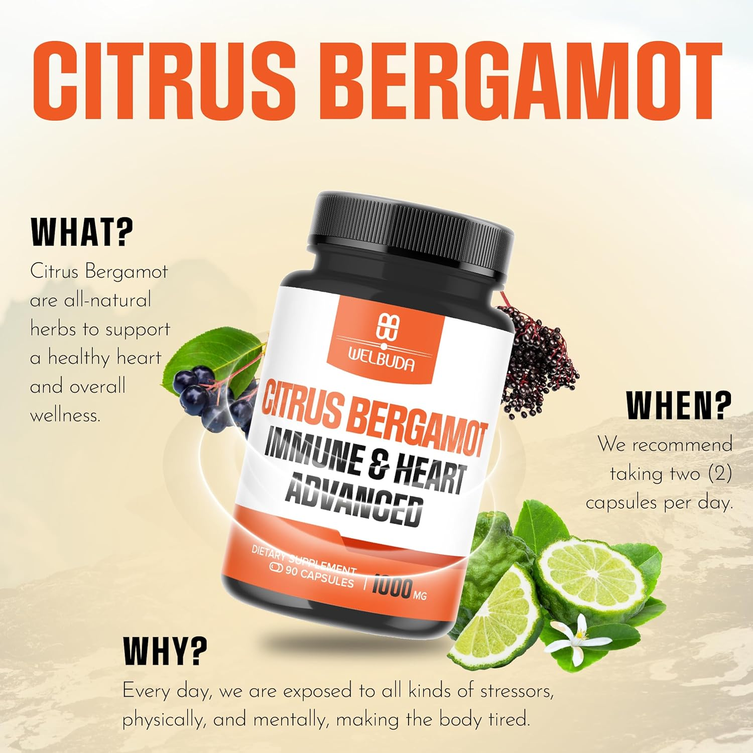 Citrus Bergamot Capsules with Advanced Immune Blend Elderberry, Echinacea, Garlic Bulb, Olive Leaf, Astragalus & Heart Blend Black Chokeberry, Olive Leaf, Hawthorn, Garlic and Hibiscus - 90 Pills