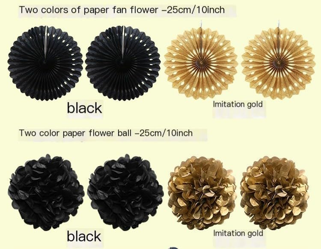 Party Decoration, 21 Pcs Black and Gold Hanging Paper Fans, Pom Poms Flowers, Garlands String Polka Dot and Triangle Bunting Flags for Birthday Parties Wedding D&eacute;cor, Table & Wall Decorations image number 1