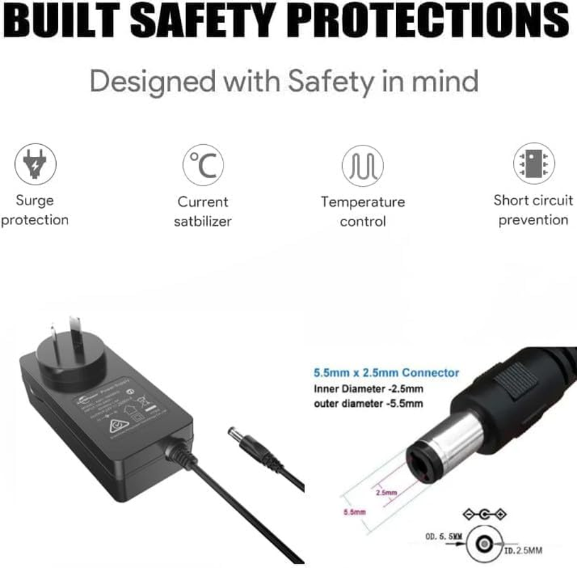 24V 2.5A 60W AC DC Power Supply Adapter with 1.9M Long DC Wire Cable, 5.5X2.5Mm Plug Charger, RCM SAA C-Tick Australian Safety Certified Power Transformer