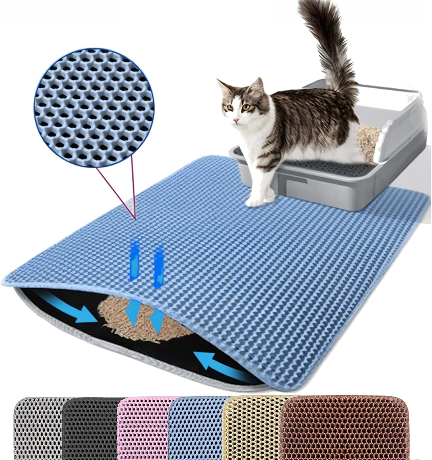 Petinstinct Cat Litter Mat, 24X18 Inches Large Honeycomb Double Layer Cat Litter Trapping Mat, Non Slip Waterproof Urine Proof Cat Litter Box Mat, Kitten Supplies and Essentials, Brown