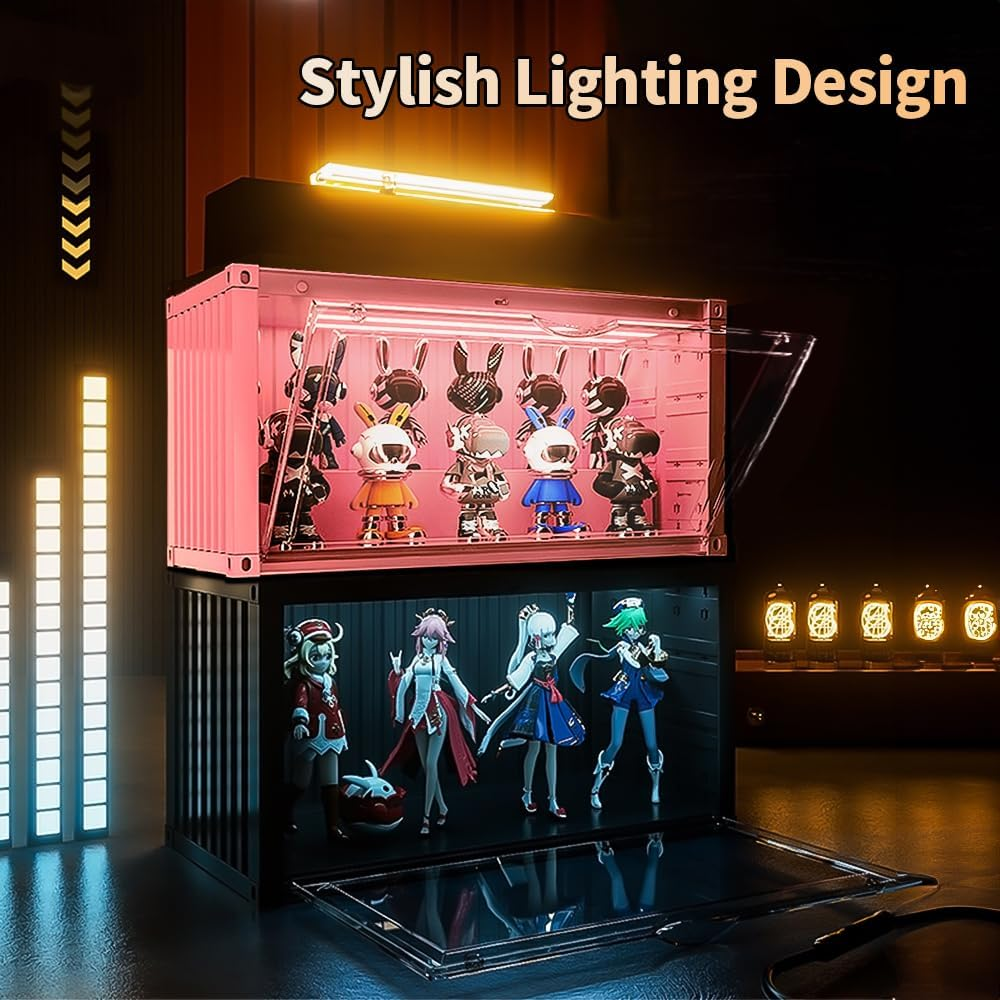 Clear Acrylic Display Case with Light,Container Dustproof Protection Display Box for Collectible Pop Figures and Toys,Toys Not Included,13.8 in X 7.5 in X 6.7 in (Pink) image number 1