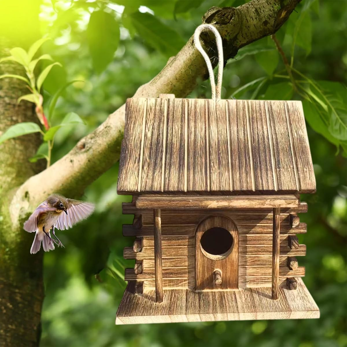 AIMALL Outdoor Wooden Bird House Nest &ndash; 7.08In Hanging Solid Wood Breeding Box for Parrots, Finches, Sparrows, Garden Aviary, Rustic Natural Bird Shelter image number 6