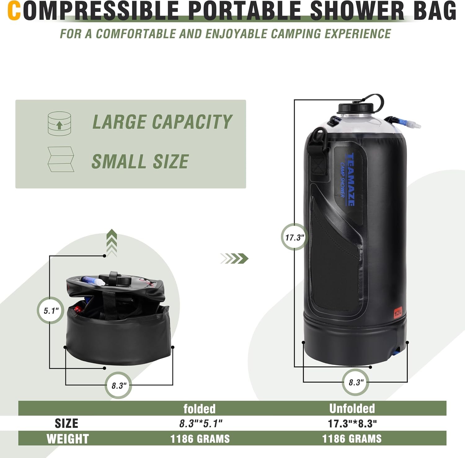 BOOSTEADY Camping Shower, 12L Portable Camp Shower Bag with Upgraded Screw Lid, Auto Pressure Pump, Water Level Window, Solar Shower for Beach Camping Hiking Trip Garden Watering