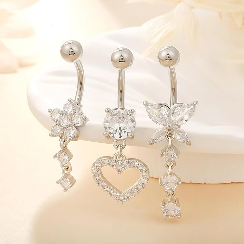 LYLYMIMI 5Pcs14G Belly Rings Stainless Steel Belly Button Rings Navel Rings Round/Love Heart Clear CZ Curved Barbell Piercing for Women image number 5