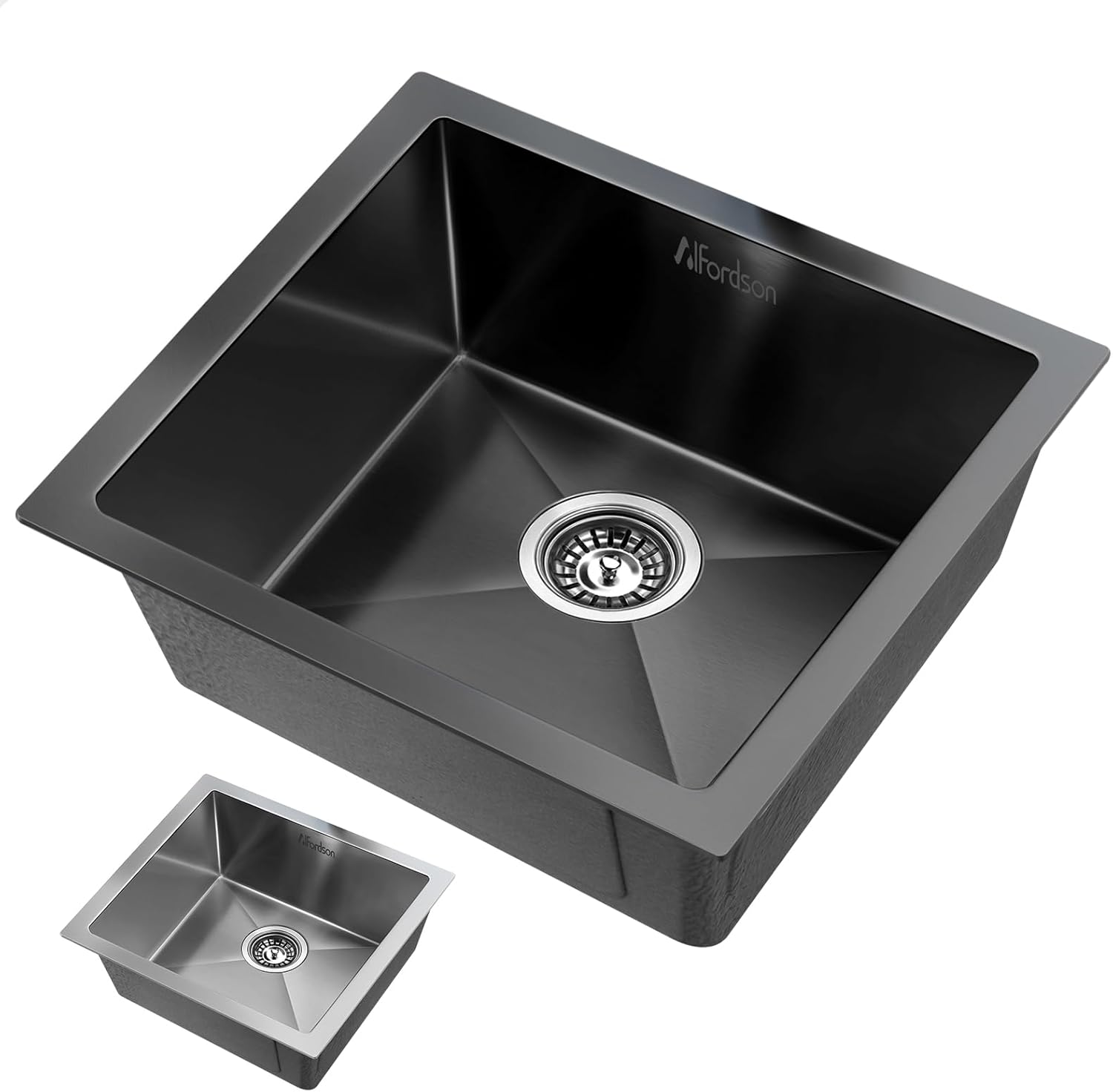 ALFORDSON 304 Stainless Steel Kitchen Sink Square Shape, 440 X 440 X 205Mm, Water Basin Sinks with 3Mm Thick Edge, Single Spacious Bowl with Waste Strainer, Dishwashing Workstation, Black Colour