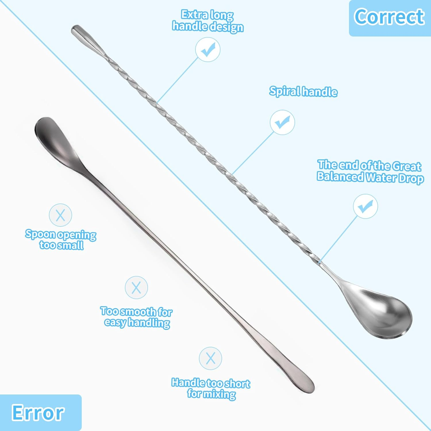 6 Pcs 12 Inch Bar Mixing Spoon Cocktail Spoon Stainless Steel Bar Long Spoon with Spiral Pattern
