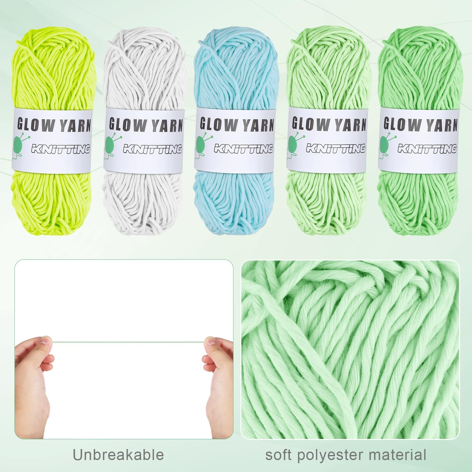 5 Rolls Glow in the Dark Yarn, Luminous Crochet Yarn with 2 Crochet Hooks Soft Versatile Neon Crochet Yarn for Sewing Thread Arts Crafts Party Supplies image number 1