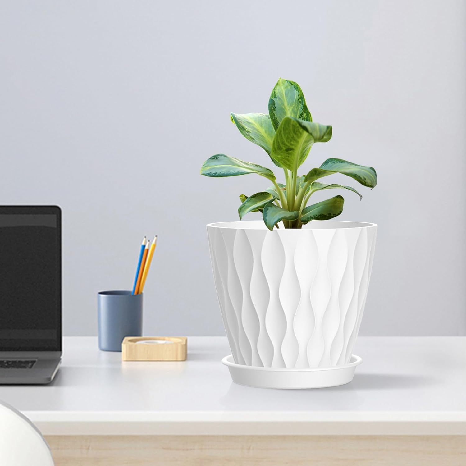 CHGEO Modern Wave Design Plant Pots - 5 Pack Self Watering Planters for Succulents & Herbs | Water Ripple Effect with Drainage Holes & Saucers, Indoor Flower Pots for African Violets, Spider Plants image number 3