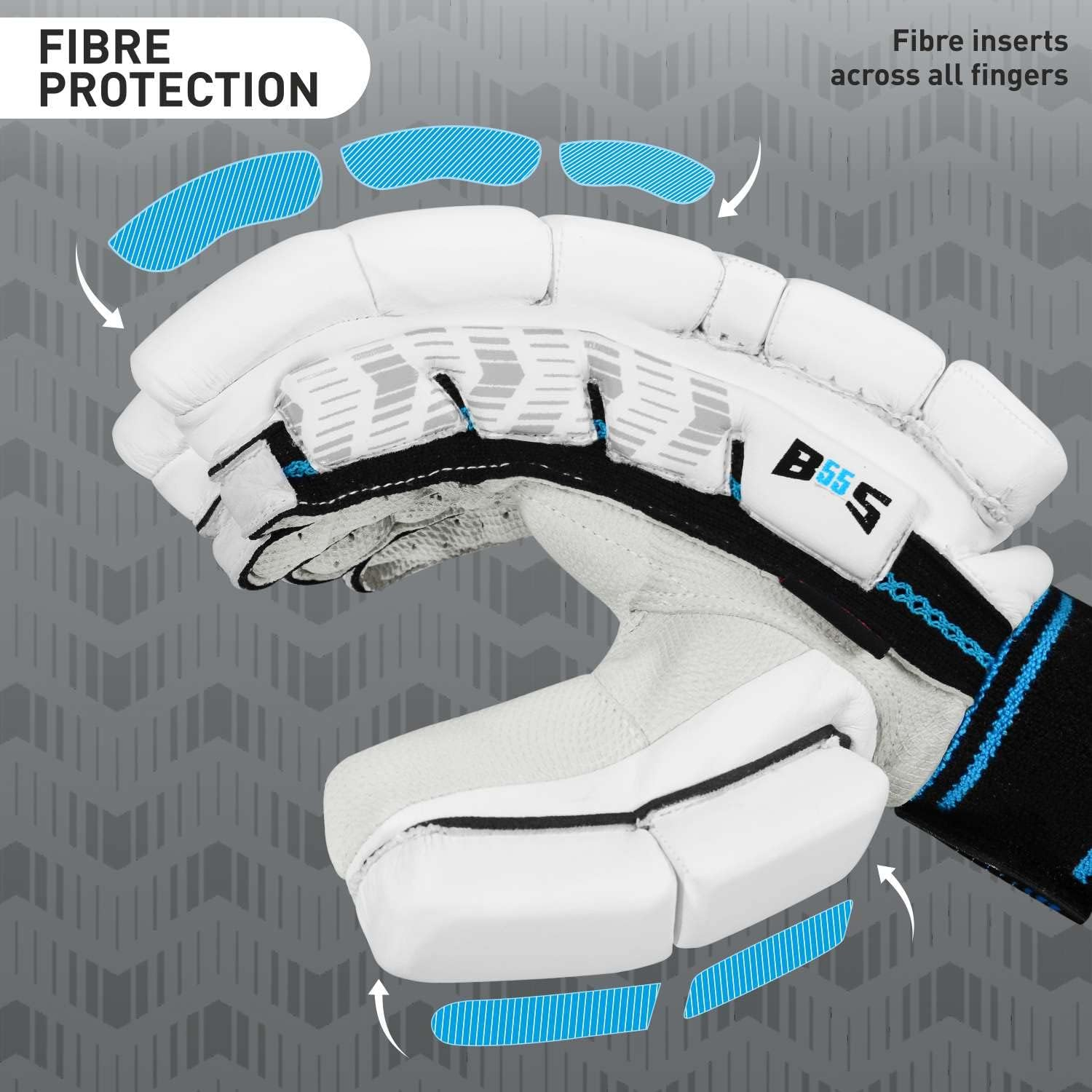 GM Diamond Original L.E Cricket Batting Gloves with English Pittard Leather Palm for Men Left Handed | Ergonomically Designed | Highest Protection | Utmost Comfort | Colour: White/Black/Blue image number 3