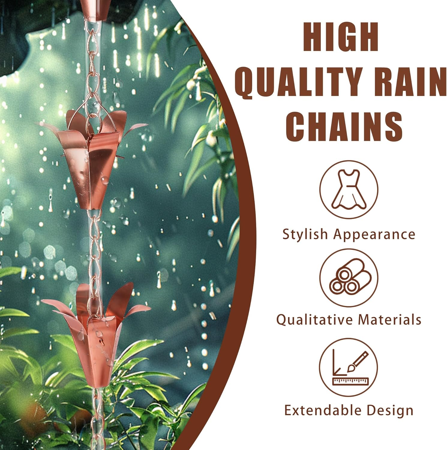 Topadorn Pure Copper Lily Rain Chain for Gutter, 8-1/2 Length image number 1