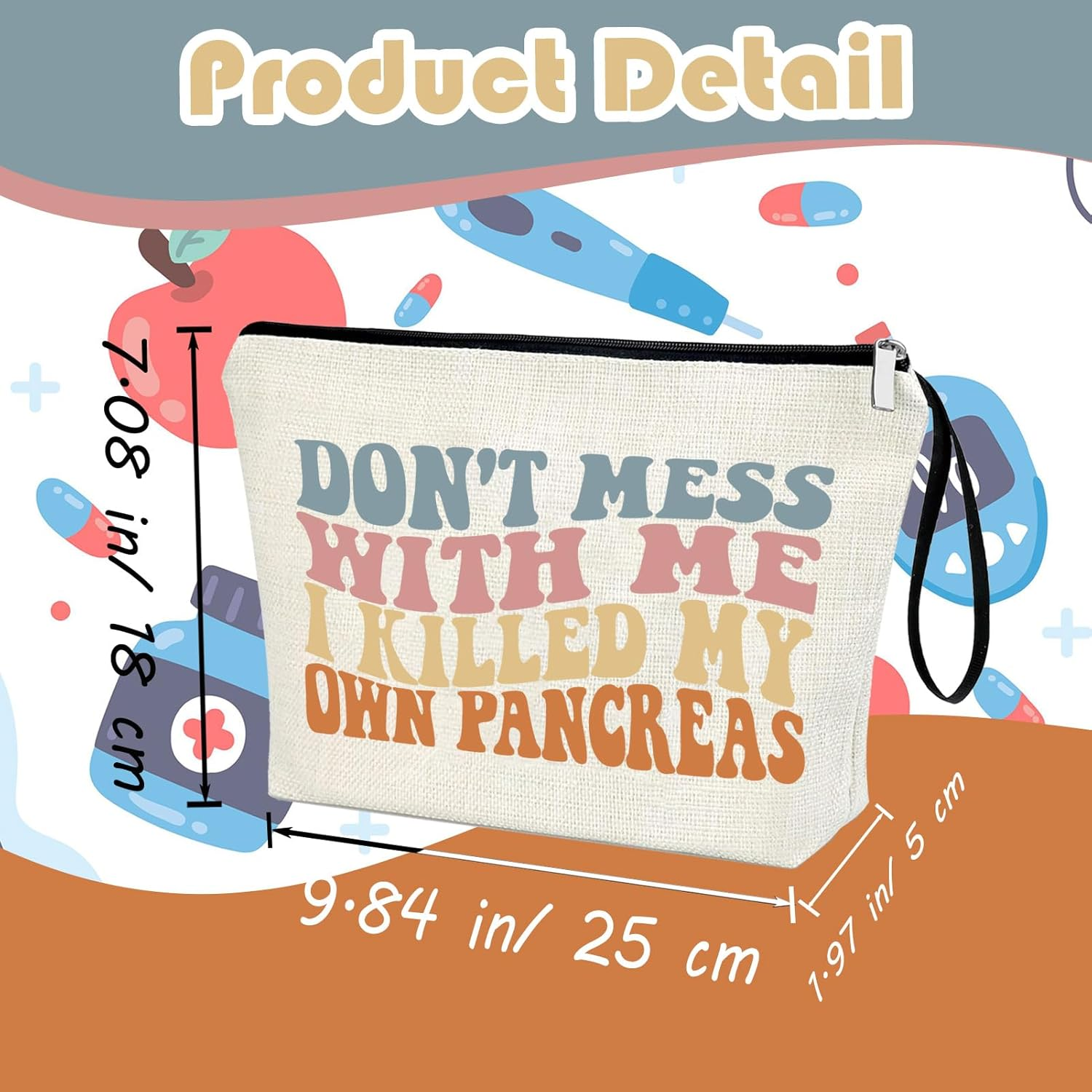 Diabetes Zipper Bag Type 1 Diabetes Support Diabetes Awareness Gift for Women Diabetic Survivor Funny Diabetes Makeup Bag Lazy Pancreas Club Pancreas Society Crew Present Cosmetic Travel Organizer