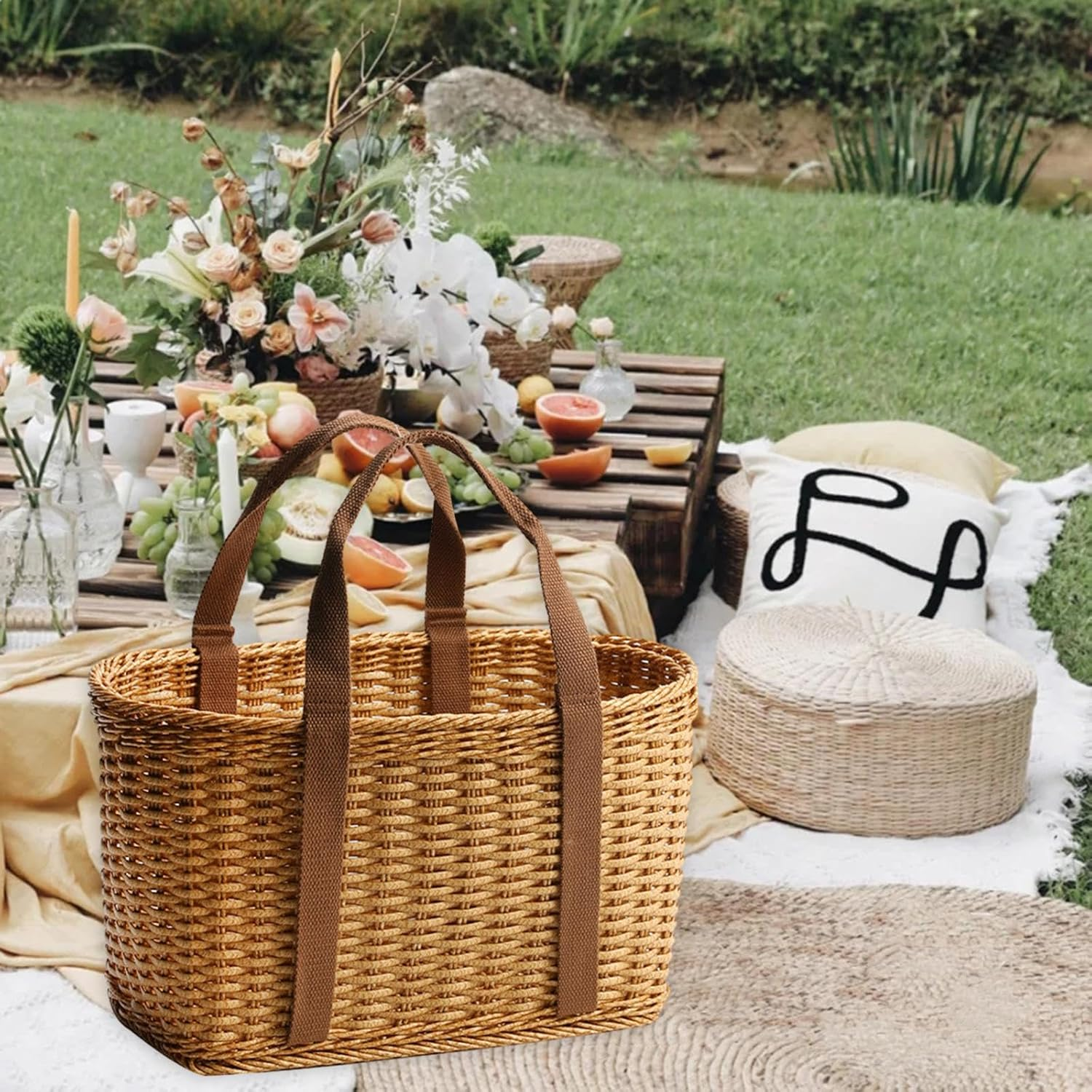 Fonowx Hand Woven Wicker Basket with Handle Flower Basket Functional Simple Storage Basket Shopping Basket Bag for Shopping Camping Daily Necessities Outdoor Picnics, Large - Small image number 5