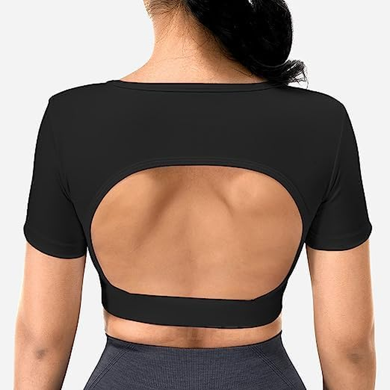 Women Open Back Tee Crop Tops with Removable Pad Workout Backless Gym Shirt Bra Going Out T Shirt Top image number 1