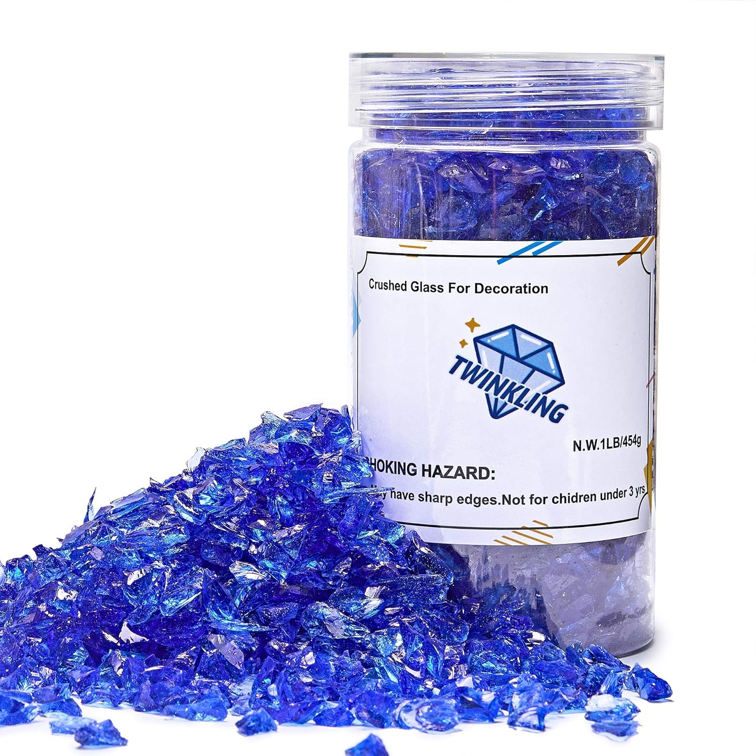 TWINKLING High Luster Fire Glass Gravel Stone Glitter,Broken Glass,Fire Gems Chips,Crushed Glass for Fire Pit Crafts Resin Art Aquarium Garden Decoration,3-6Mm,1-Pound Jar (Crystal/Transparent)