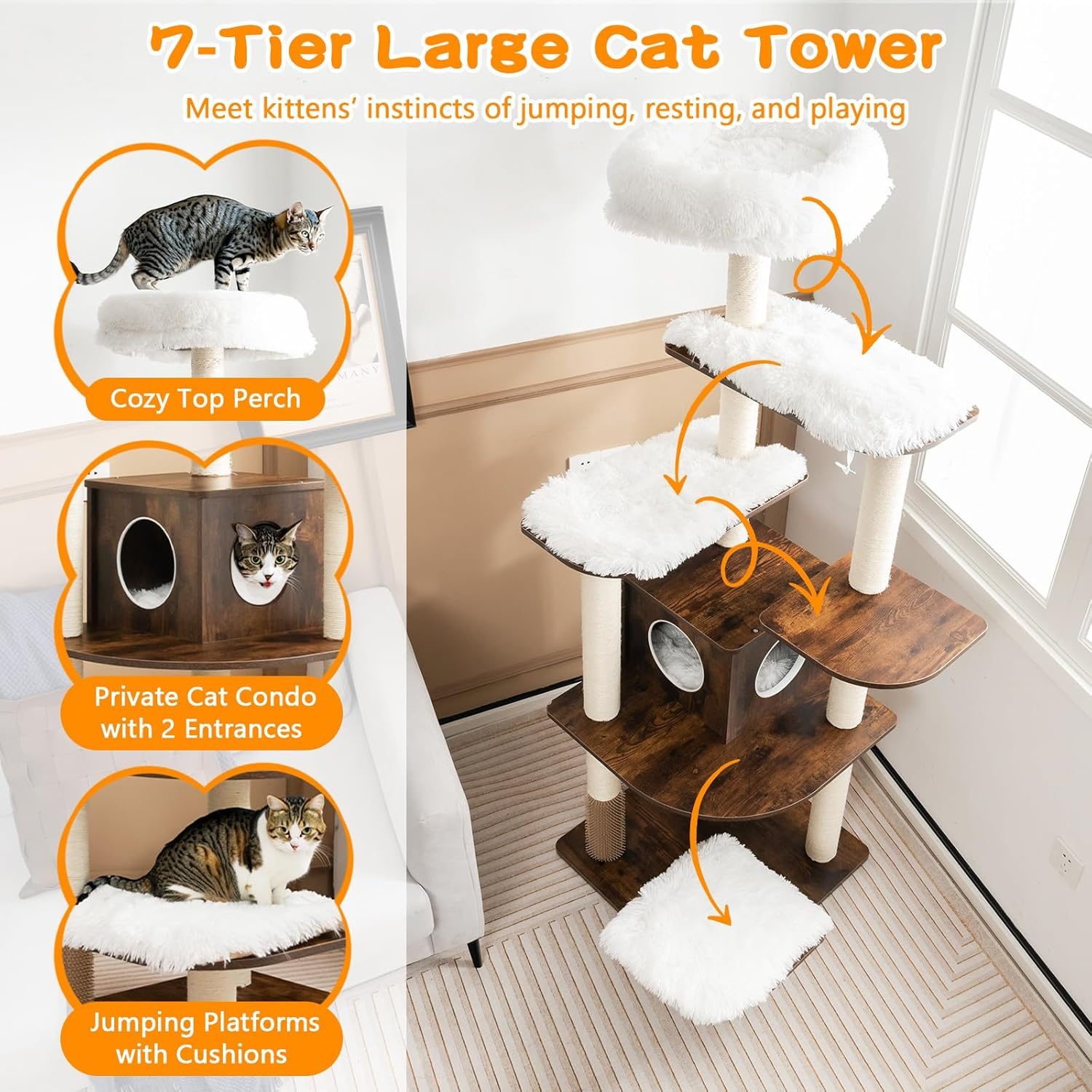 Costway 179 CM Tall Wooden Cat Tree, 7-Layer Cat Tower with Sisal Scratching Posts, Self Groomer, Top Perch, Private Condo, Washable Cushions, Cat Activity Center for Indoor Cats, Retro Cat Furniture - Natural image number 3