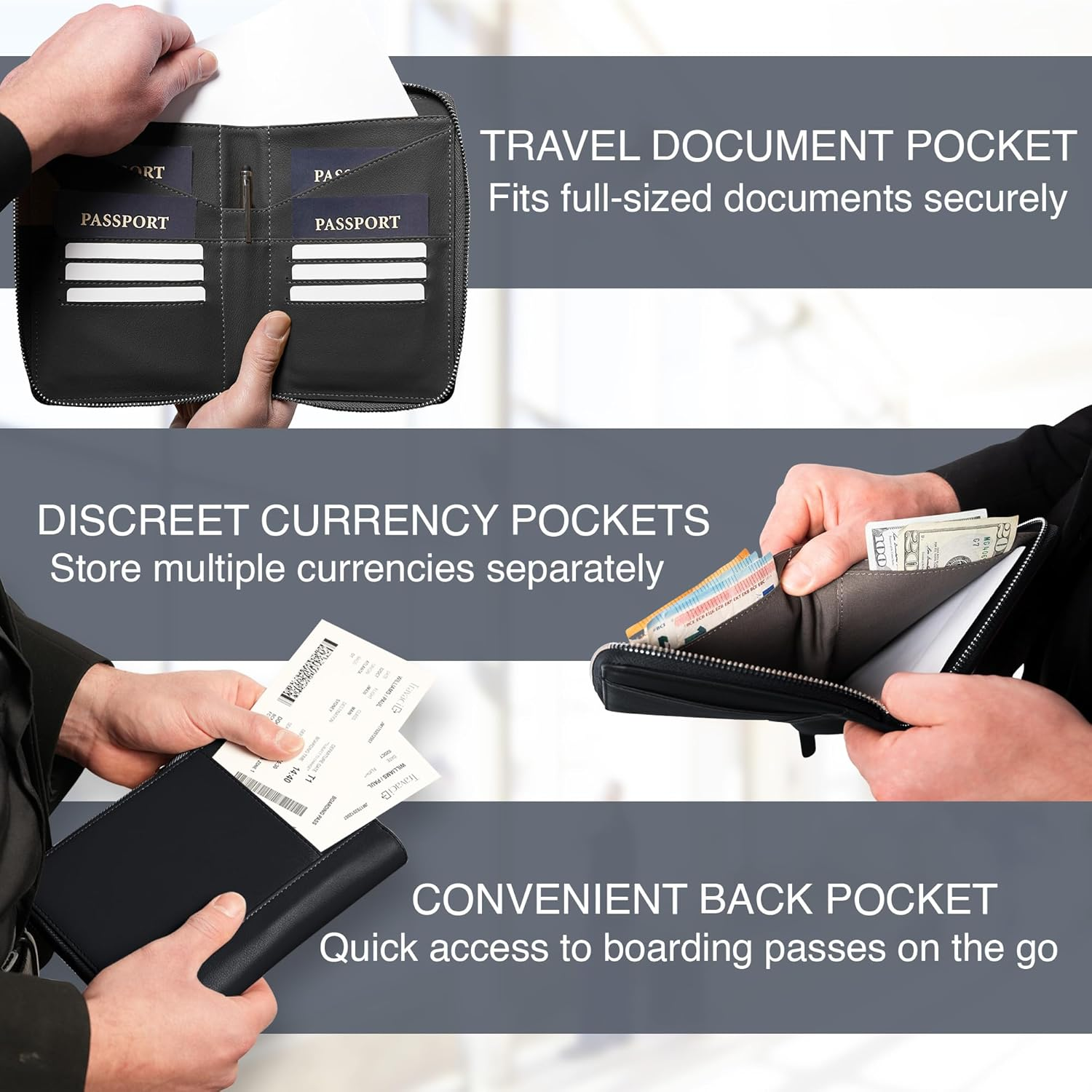 Full Grain Leather Family Passport Holder for 2-4 Passports - RFID Passport Holder and Travel Document Organizer - Large Leather Travel Wallet for Couples and Families, Black, Full Grain Leather image number 5