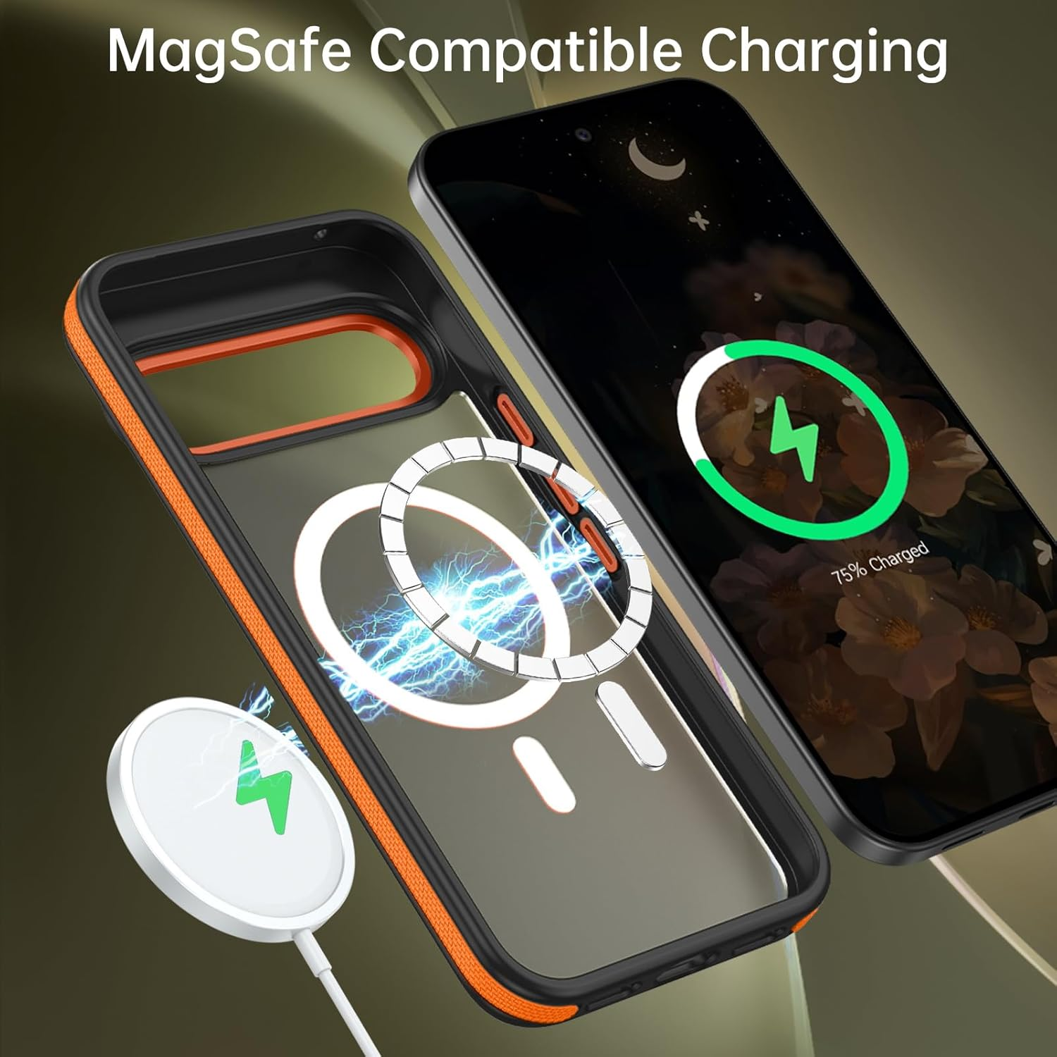 DOMAVER Magnetic for Google Pixel 10 Pro XL Case, Compatible with Magsafe Accessories, Military Grade Drop Protection, Translucent Matte Shockproof Phone Case for Pixel 10 Pro XL, Black Orange image number 4