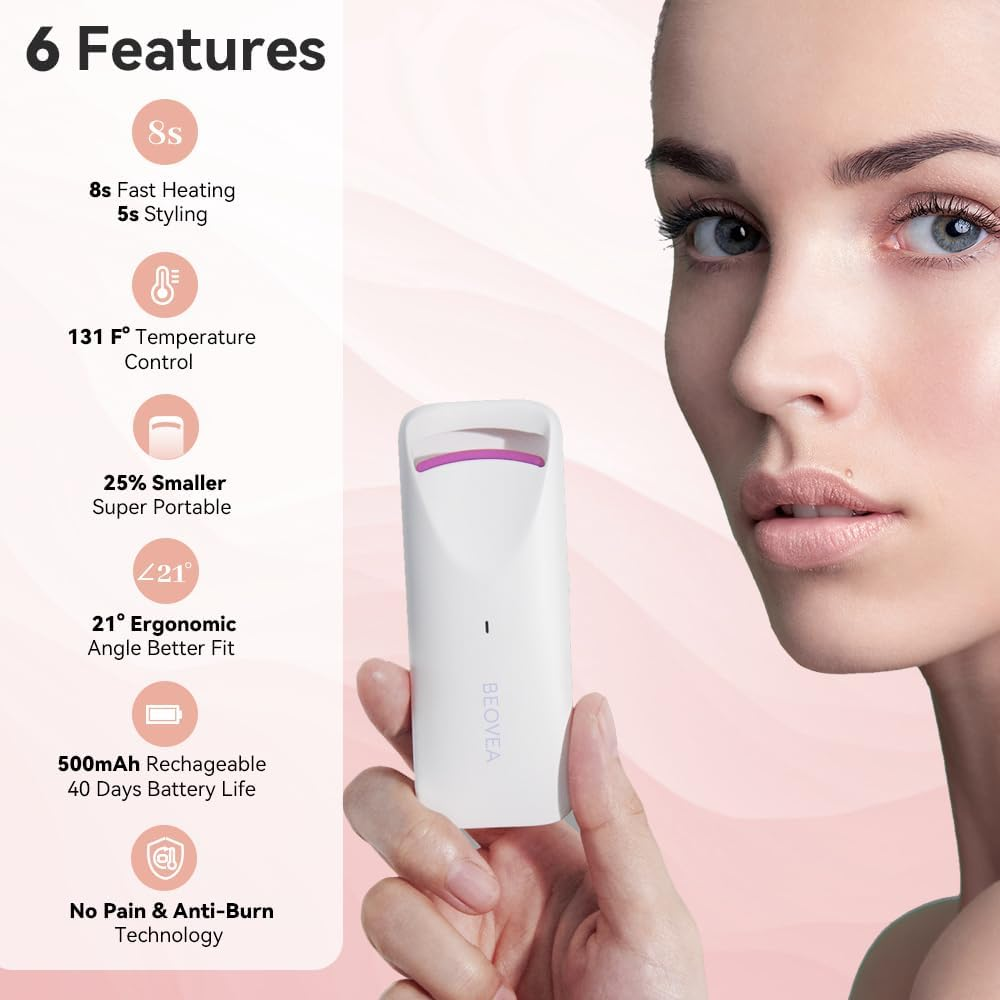 BEOVEA Heated Eyelash Curler &ndash; Fast 8-Second Heat for Long-Lasting Curls &ndash; Portable Rechargeable Heated Lash Curler, Safe & Effective Eyelash Curlers for All-Day Volume and Lift image number 2