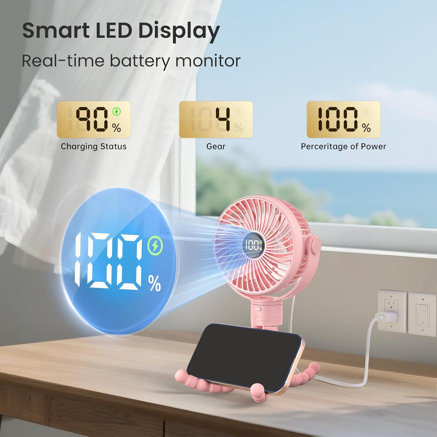 Tripole Portable Pram Fan 4000Mah Rechargeable Stroller Baby Fan 25H Battery Life, Head Detachable Mini Clip on Fans, 4 Speed Personal Desk Fans with Night Light for Car Seat Crib, Black (Pink) image number 3