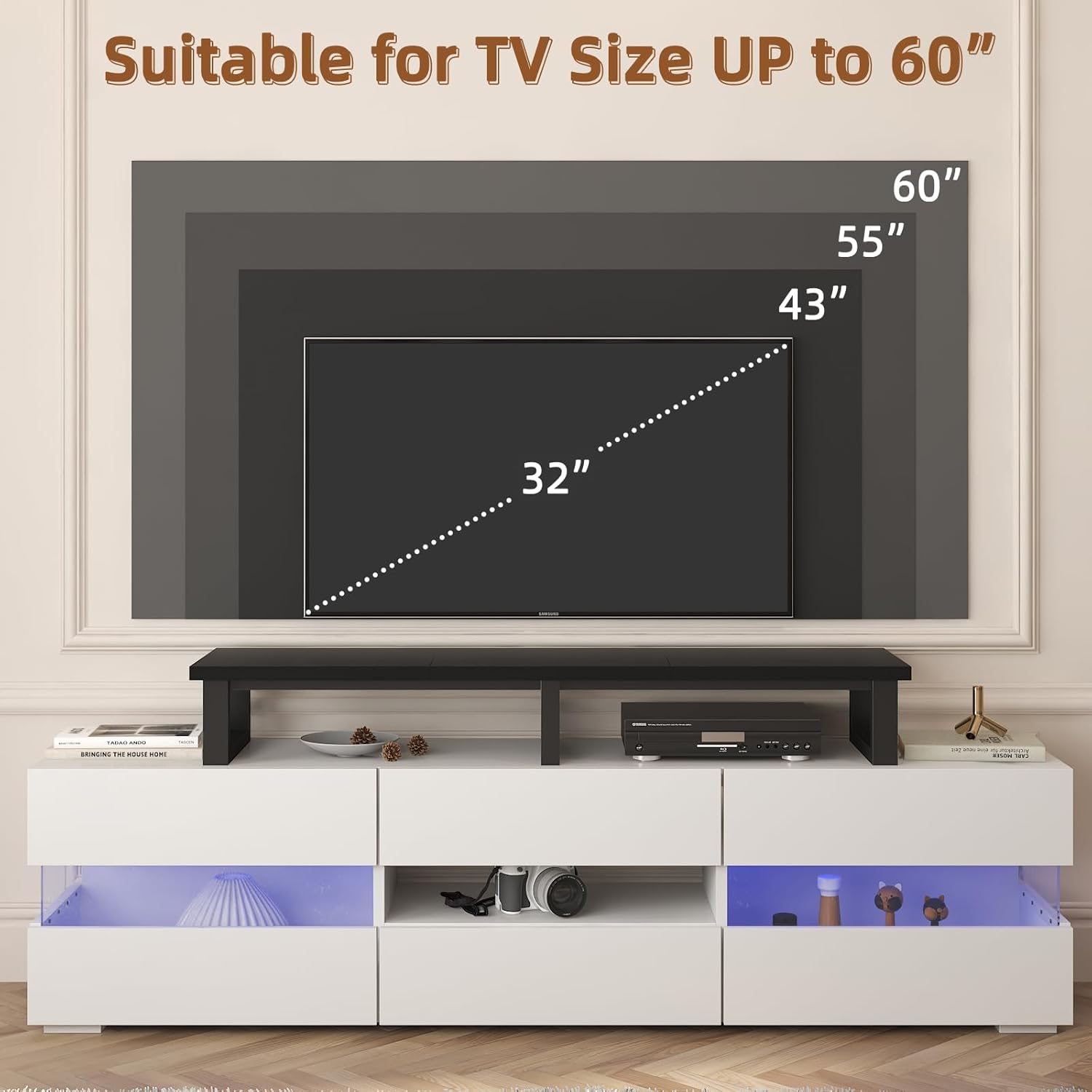 YAOHUOO 45" Large TV Riser for 32-60 Inch TV, TV Riser Stand Shelf with Steel Legs, Tabletop TV Stand Riser for Home Office,Black image number 5