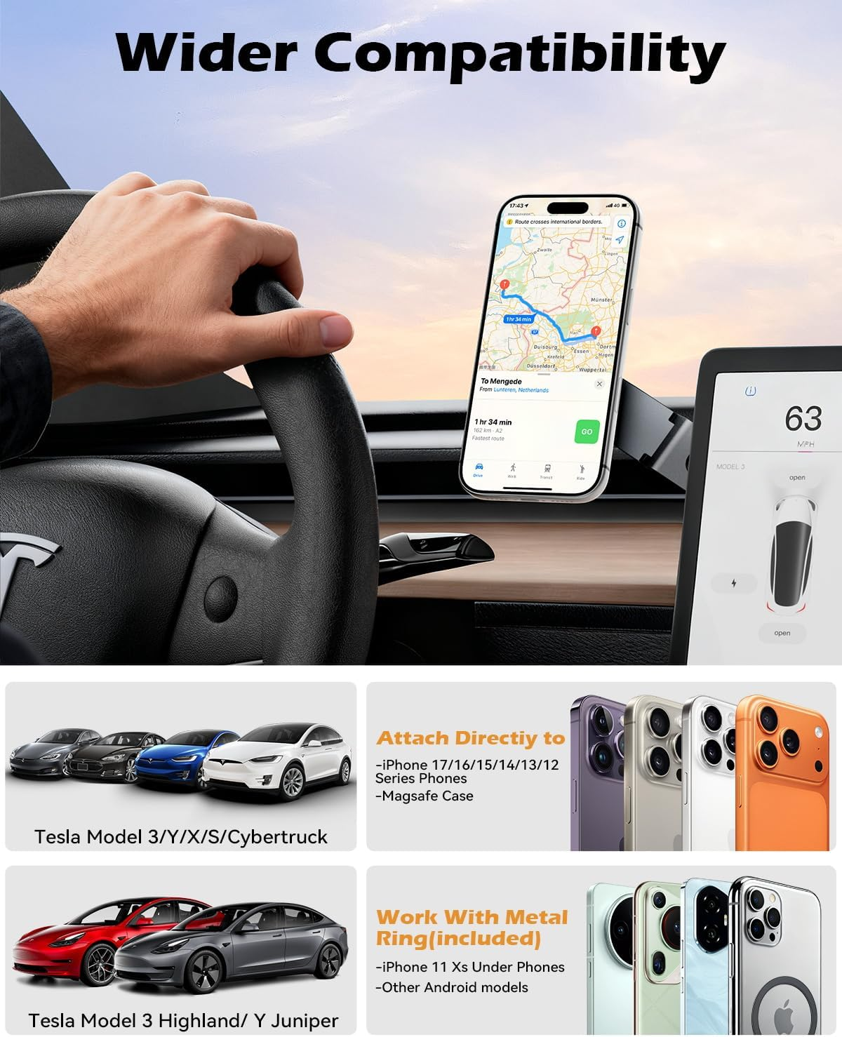 Cloudvalley Tesla Model 3/Y Phone Mount, Magnetic Car Metal Holder with Strong Magnet Power, [Foldable & Extendable Hidden Design]Tesla Screen Stand for 3/Y/S/X/Cybertruck, Designed for Magsafe Iphone image number 1