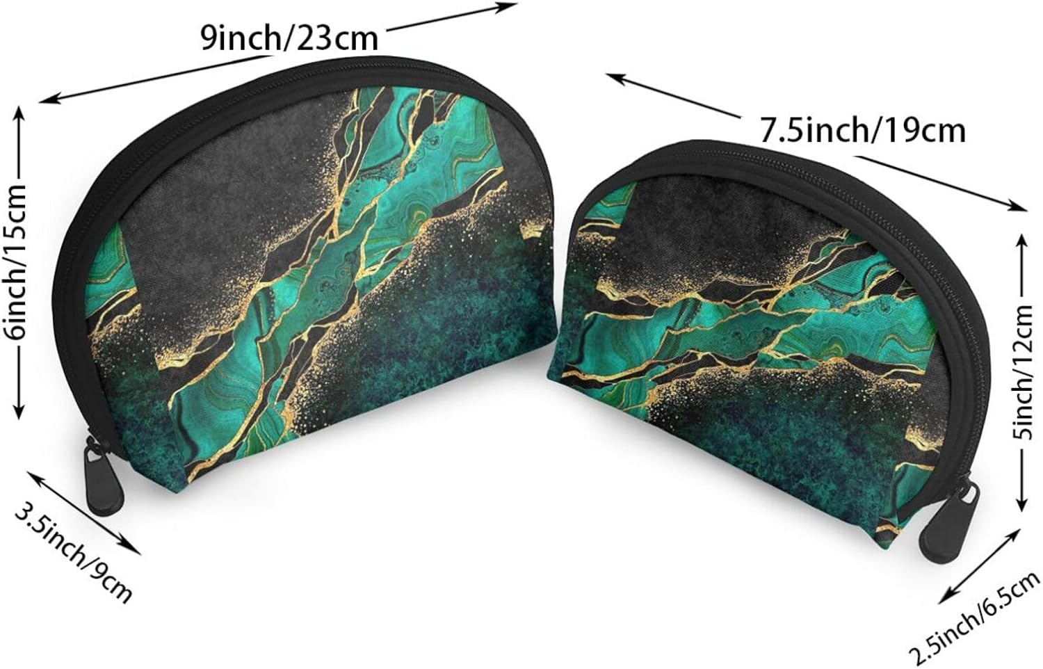 Cozimangoe Coin Pouch Makeup Bags Set, 2 Piece Shell Shape Cosmetic Bag with Pockets for Daily Travel Handbag Lipstick Keys Toiletry, Personalized Black Teal Marble & Malachite with Veins Gold Spots image number 1