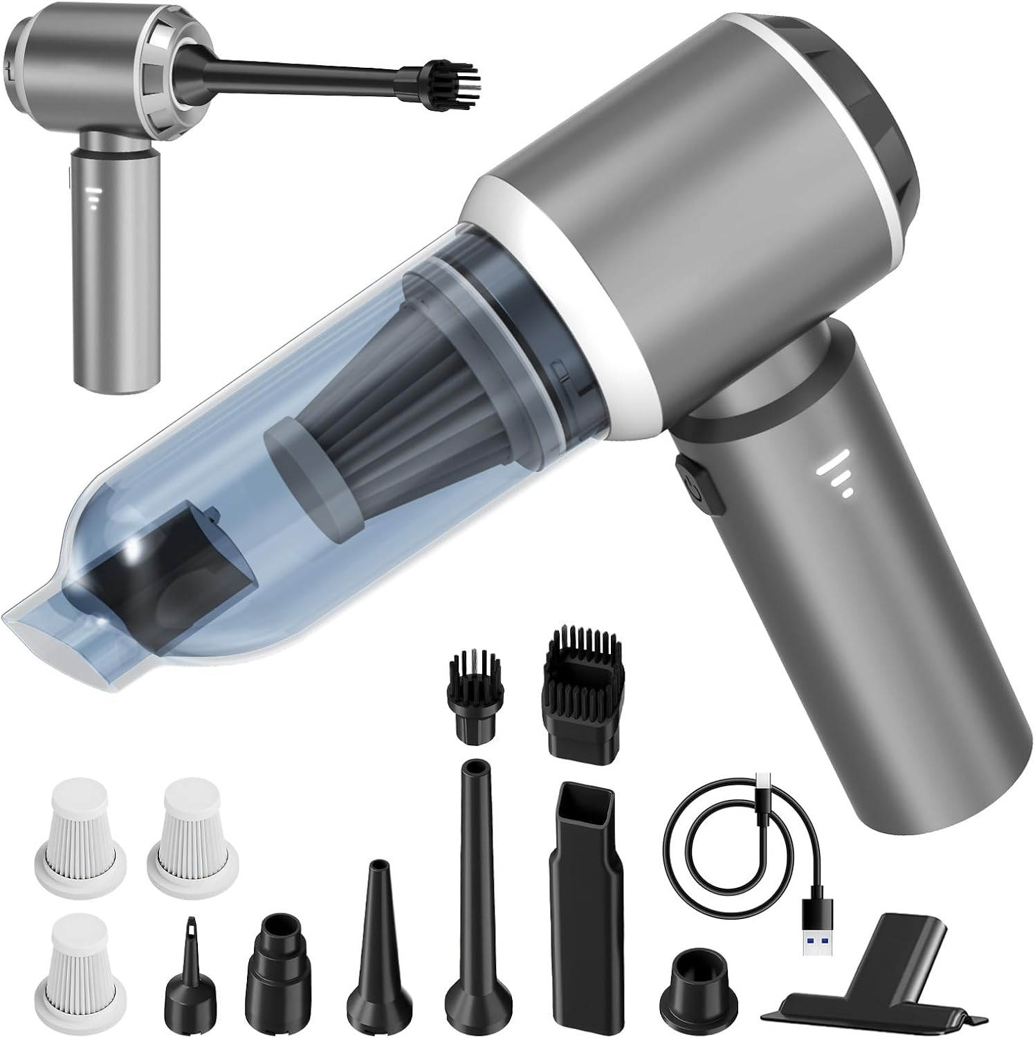 4-In-1 Car Vacuum Cleaner and Dust Buster, 20000Pa Suction Power Portable Handheld Vacuum Cordless Rechargeable, Mini Vacuum with 3 Reusable Filter for Car Home Office & Pet(Silver Gray) image number 1