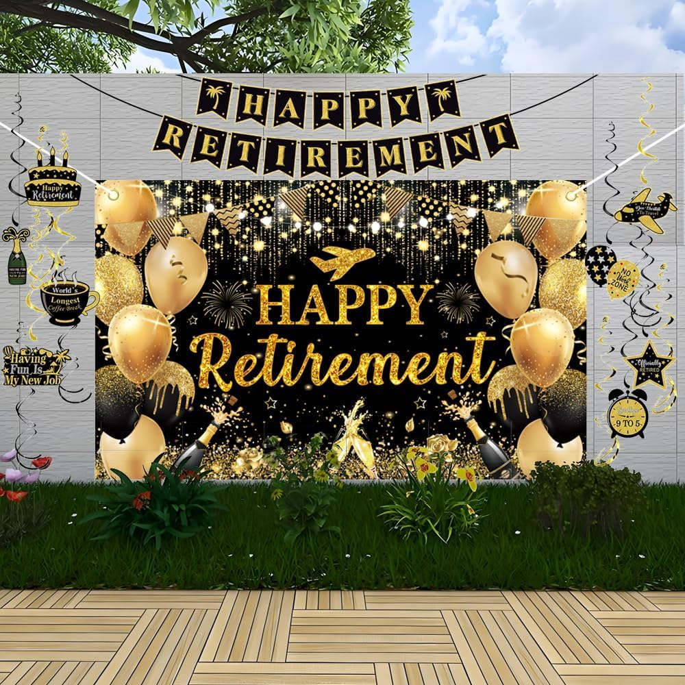 Black Gold Happy Retirement Banner Backdrop Kit with Sash,Funny Card Hanging Swirls Streamers,Cake Topper-1.5M X 0.9M Retirement Decorations Photography Party Supplies for Men Women image number 2