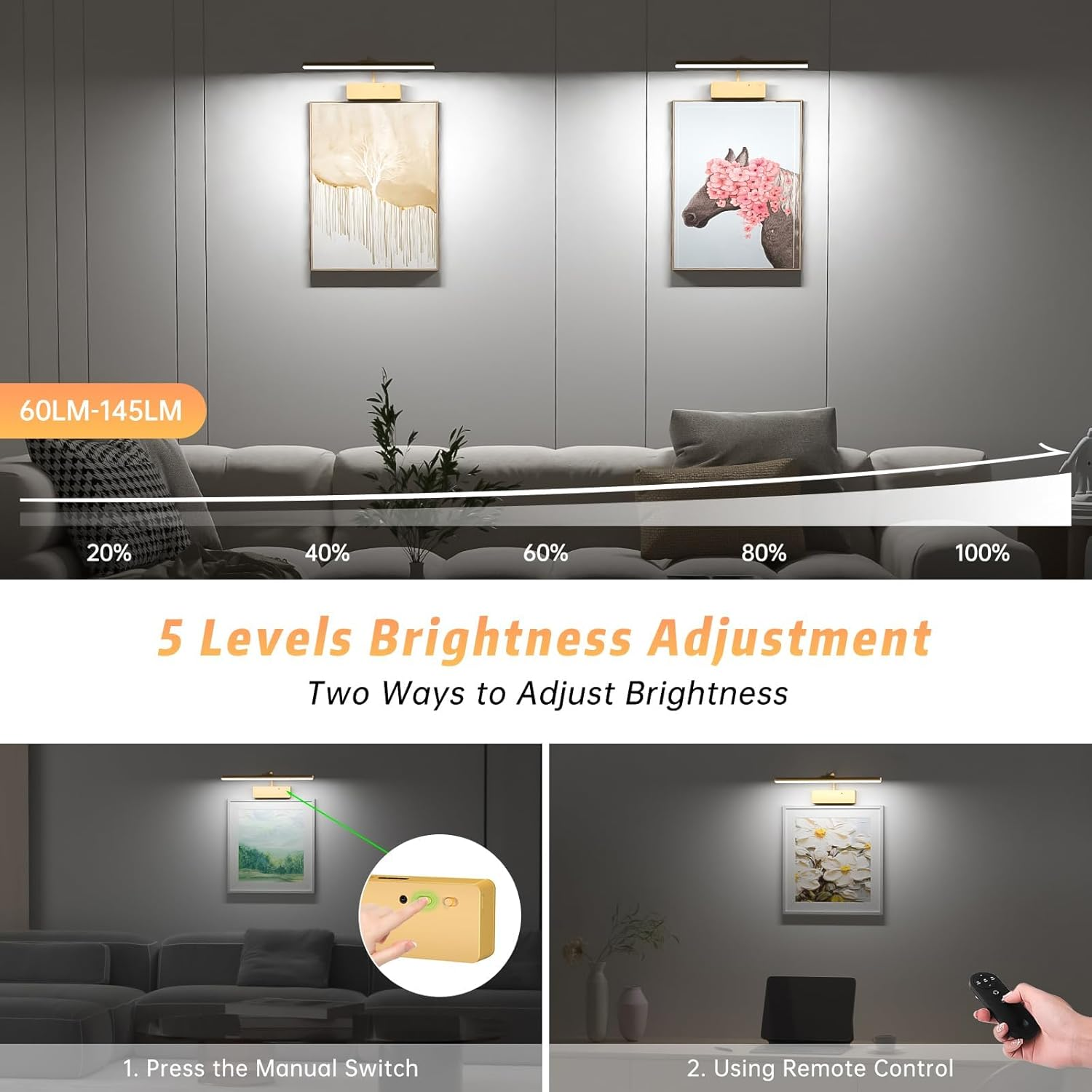 Picture Light,15.35Inch 5400Mah Rechargeable Picture Lights for Wall Battery Operated Wall Lights with Remote,3 Colors Paintings Light Dimmable Art Light for Artwork,Gallery (Gold) image number 5