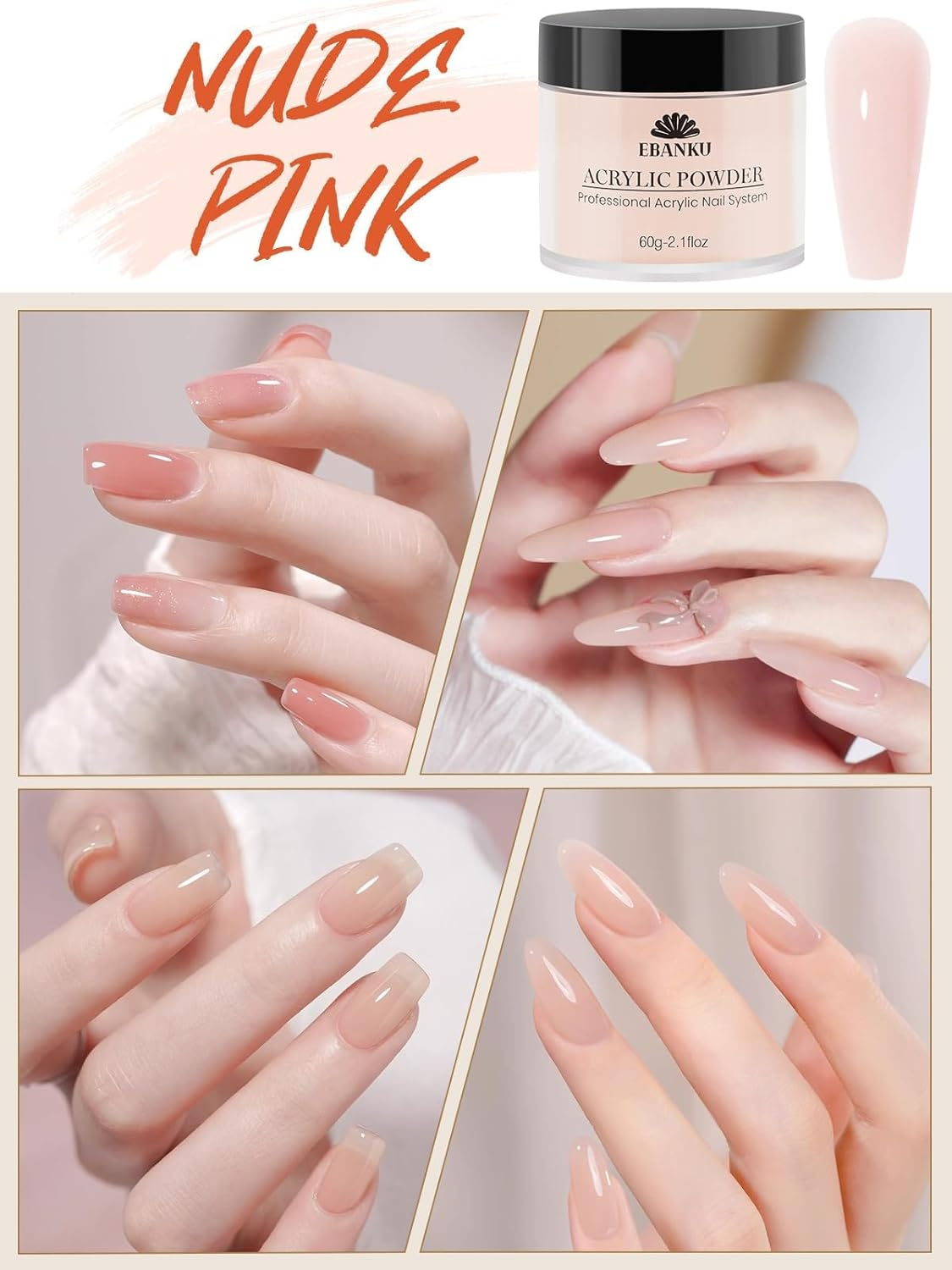 Kalolary Nude Pink Acrylic Powder, 2 * 60G/2.1Oz Acrylic Powder Large Capacity Professional Acrylic Nail Powder for Nail Acrylic Extension, Nail Carving, Long-Lasting, No Nail Lamp Needed image number 2