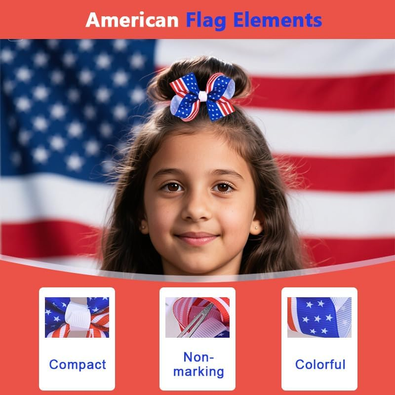 Fourth of July Hair Bow Clips USA American Flag Hair Pins Accessories Red White Blue Stars Stripes Bow-Knot Ribbon Barrette Patriotic Independence Day 4Th of July Headpiece Headwear Outfit 2 PCS image number 2