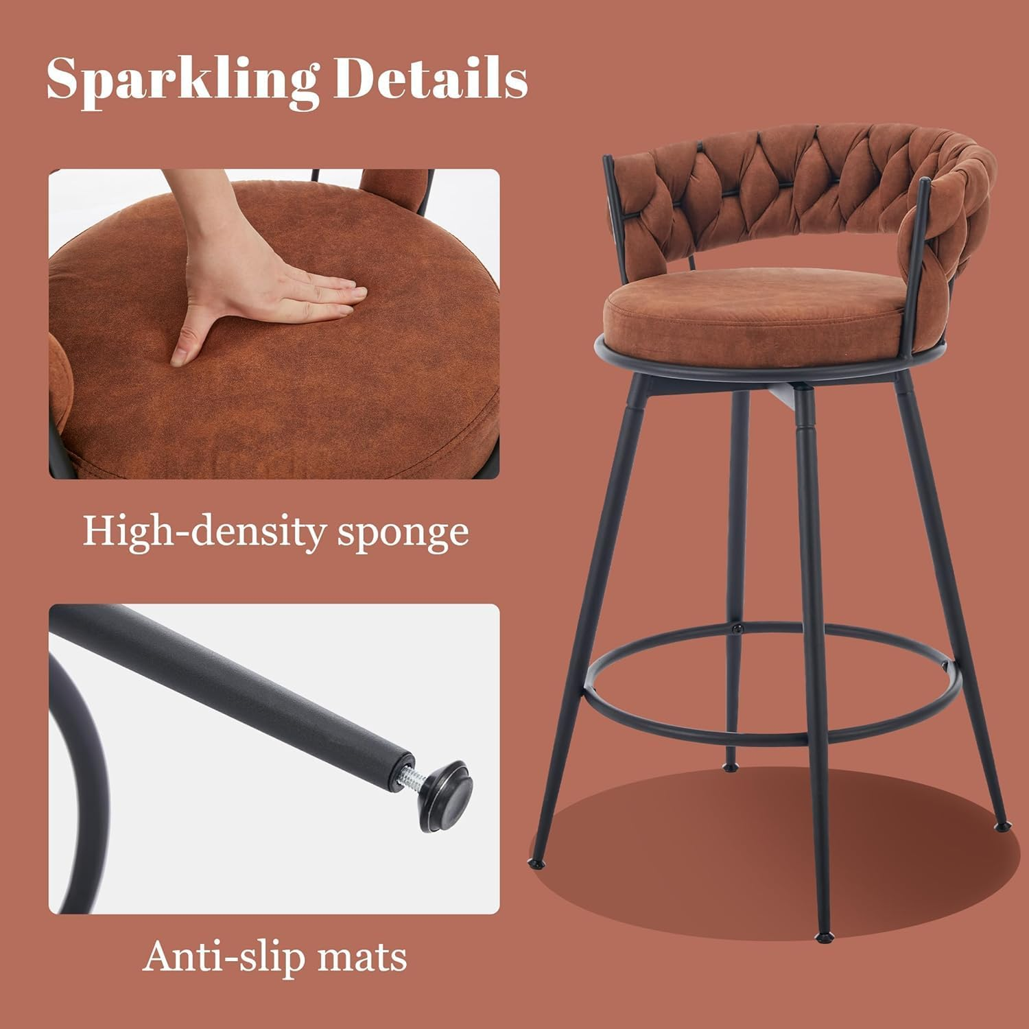 Bar Stools Set of 2, 71Cm Counter Height Swivel Stools with Woven Back & Suede Fabric Seat, 360&deg; Swivel Metal Frame Stools with Footrest for Kitchen Island, Cafe, Pub, Bar, Brown image number 3