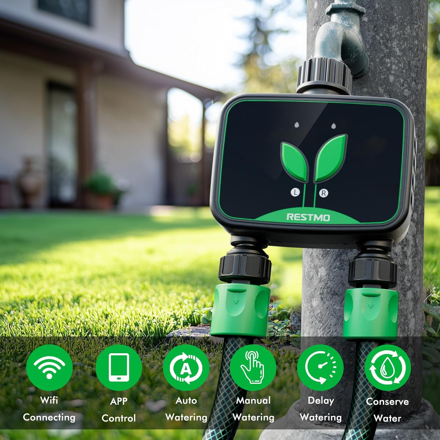【2 Outlets】 RESTMO Smart Water Timer, Remote and Voice Control via App, RF to Wifi Tap Timer, Programmable Irrigation Controller with Auto/Manual/Rain Delay for Lawn, Garden, Drip System image number 2