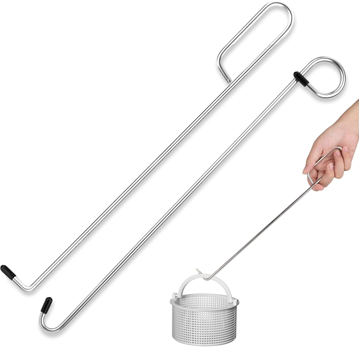 2Pcs Swimming Pool Skimmer Basket Hook, 14.57In Long Stainless Steel Skimmer Basket Handle Skimmer Lid Lifting Extension Hook Debris Remover Tool Knee & Back Saver image number 1