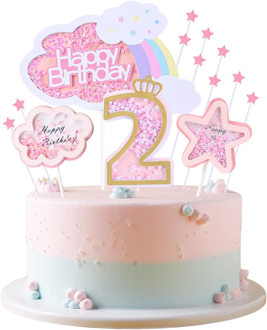 Kawailay Baby Girl 2Nd Birthday Cake Decoration Set Second Birthday Cake Topper with Rainbow Clouds Stars Cake Picks Two Year Old Cake Topper for Girls Birthday Party Supplies - Pink image number 6