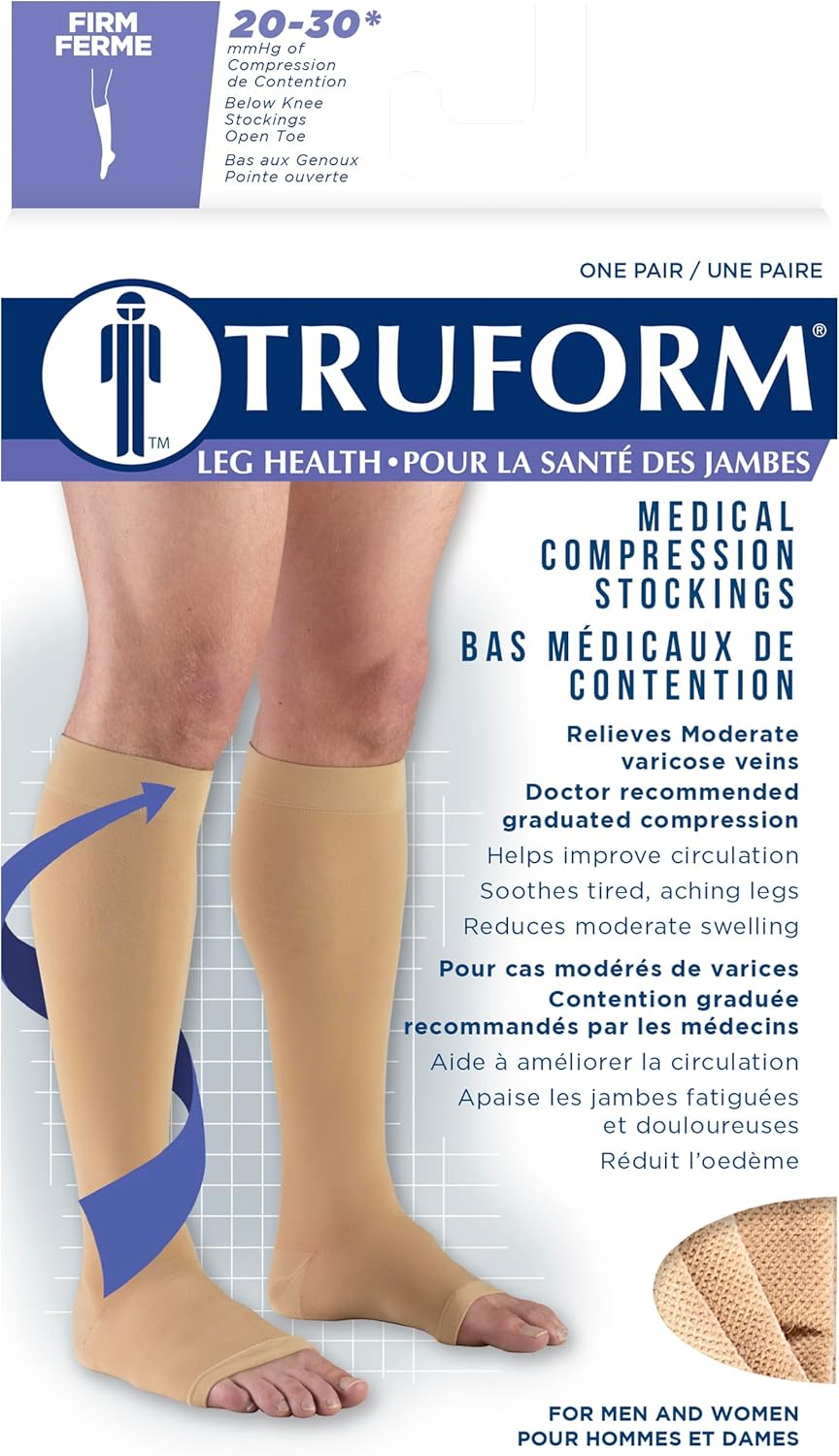 Truform 20-30 Mmhg Compression Stocking for Men and Women, Knee High Length, Open Toe, White, Medium image number 1