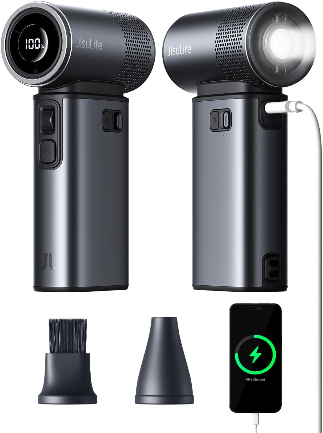 JISULIFE Portable Handheld Fan 5 in 1, 100 Speed, 9000Mah Max 25 Hrs Mini Fan Rechargeable 18W Power Bank with Flashlight, Ultra Motor, Metal Shell Multi-Function Travel Gifts for Women Men-Brown