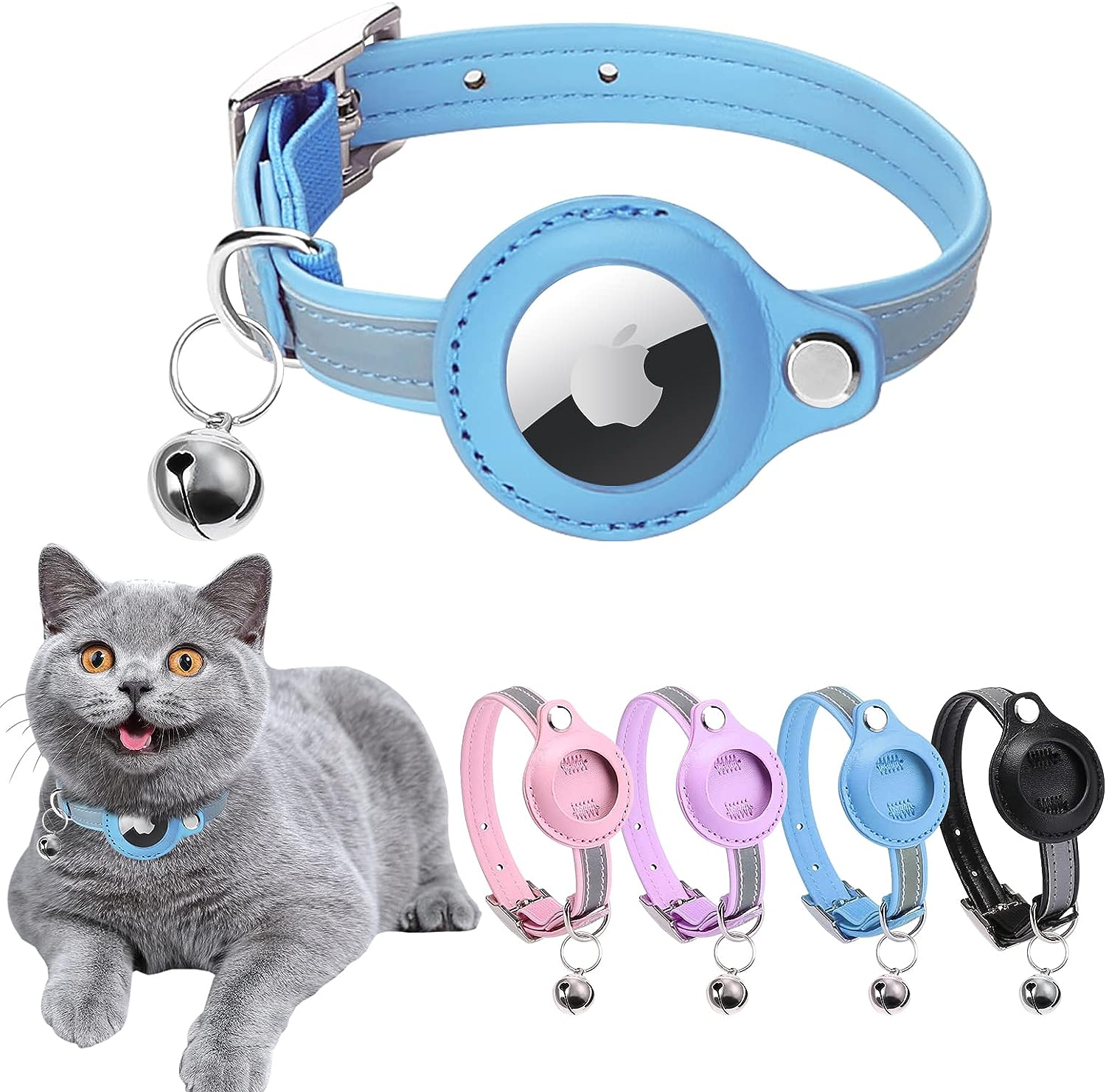 Airtag Cat Collar, Cat Collar with Bells, Reflective GPS Cat Collar, Cat Tracker Collar Leather Cat Collar for Cats (Blue-M (Blue, XS(7.5-10.2"))