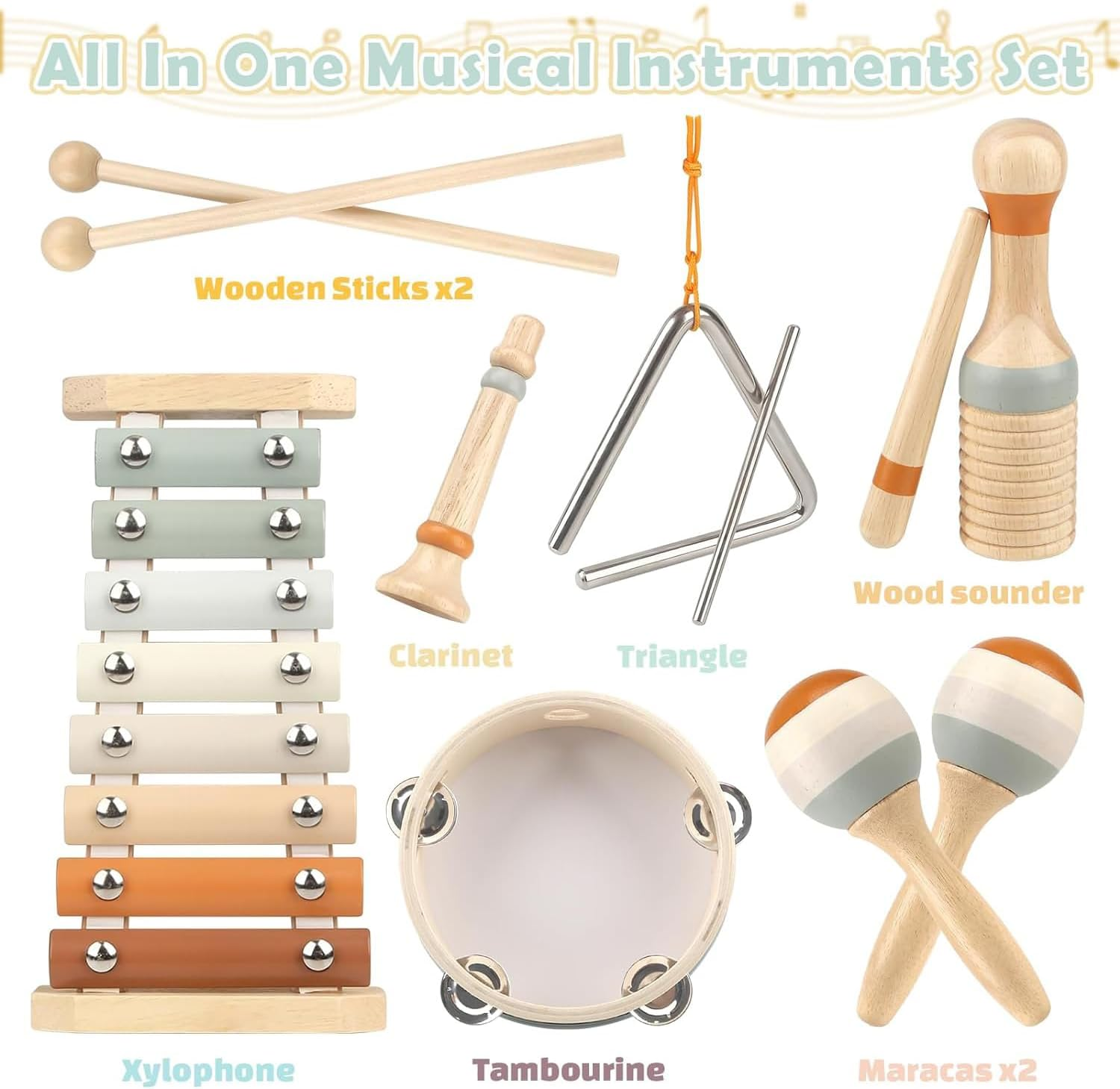 Kids Wooden Musical Instruments Toys, 6 in 1 Toddlers Music Enlightenment Percussion Toys Xylophone Drum Tambourine Sensory Toys for Baby Boy Girl Gift