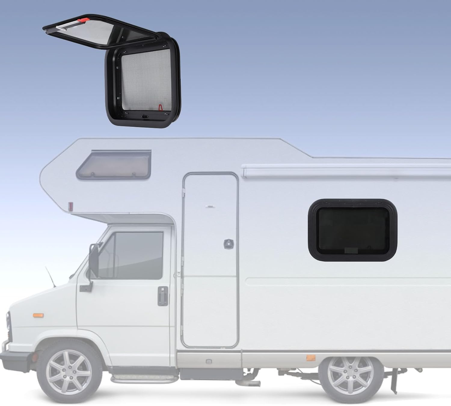 RV Exit Window 22.4X15.2 Inch External Push Out Window with Mesh Screen Support Rod for Caravan Camping Trailer Motorhome