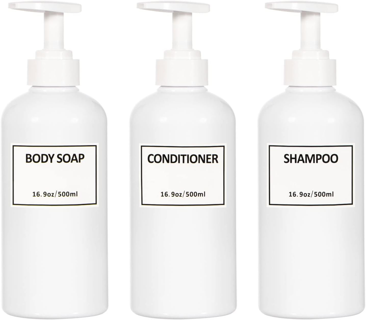 Yeeco Shampoo Bottles Refillable with Pump White Shampoo and Conditioner Pump Bottle Dispenser with Waterproof Labels 16.9Oz/500Ml 3 Packs, Shampoo Bottles for Bathroom, Kitchen, Hotel