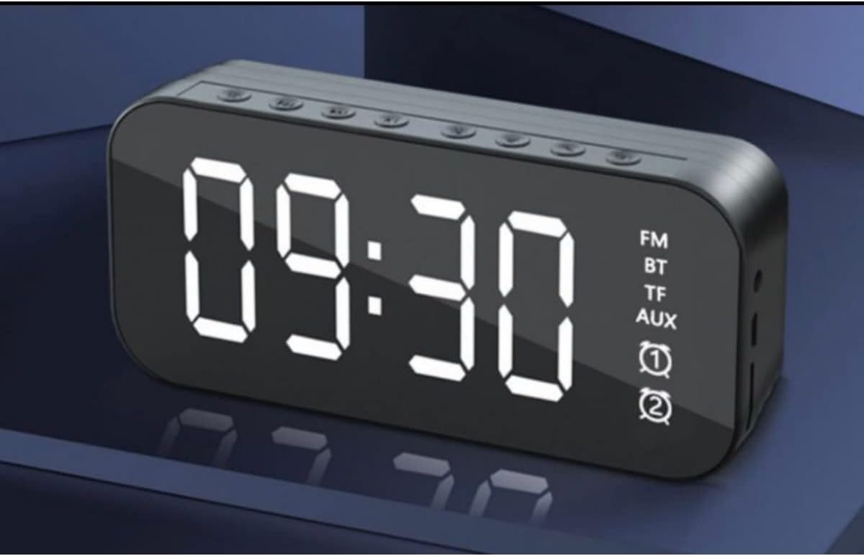 Costcom LED Display Mirror Digital Alarm Clock Wireless Bluetooth Speaker Home Decor Multifunctional Desk Clock for Bedroom and Office (Black)