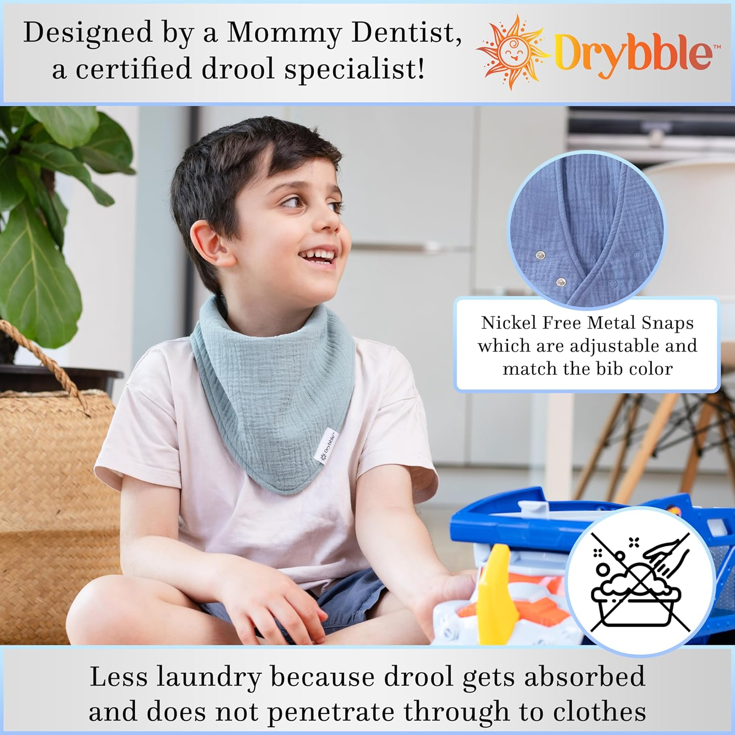 Bandana Bibs 3 Waterproof Lining Organic Cotton Drool Bibs &ndash; Absorbent Bibs for Adults and Children, Adjustable Snaps image number 6