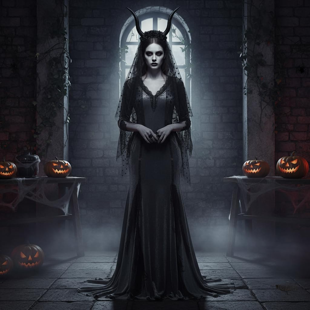 Healifty Goat Horns Headband Costume Cosplay: Gothic Queen Sheep Horns Headdress Halloween Demon Devil Headpiece with Black Mesh Veil image number 2