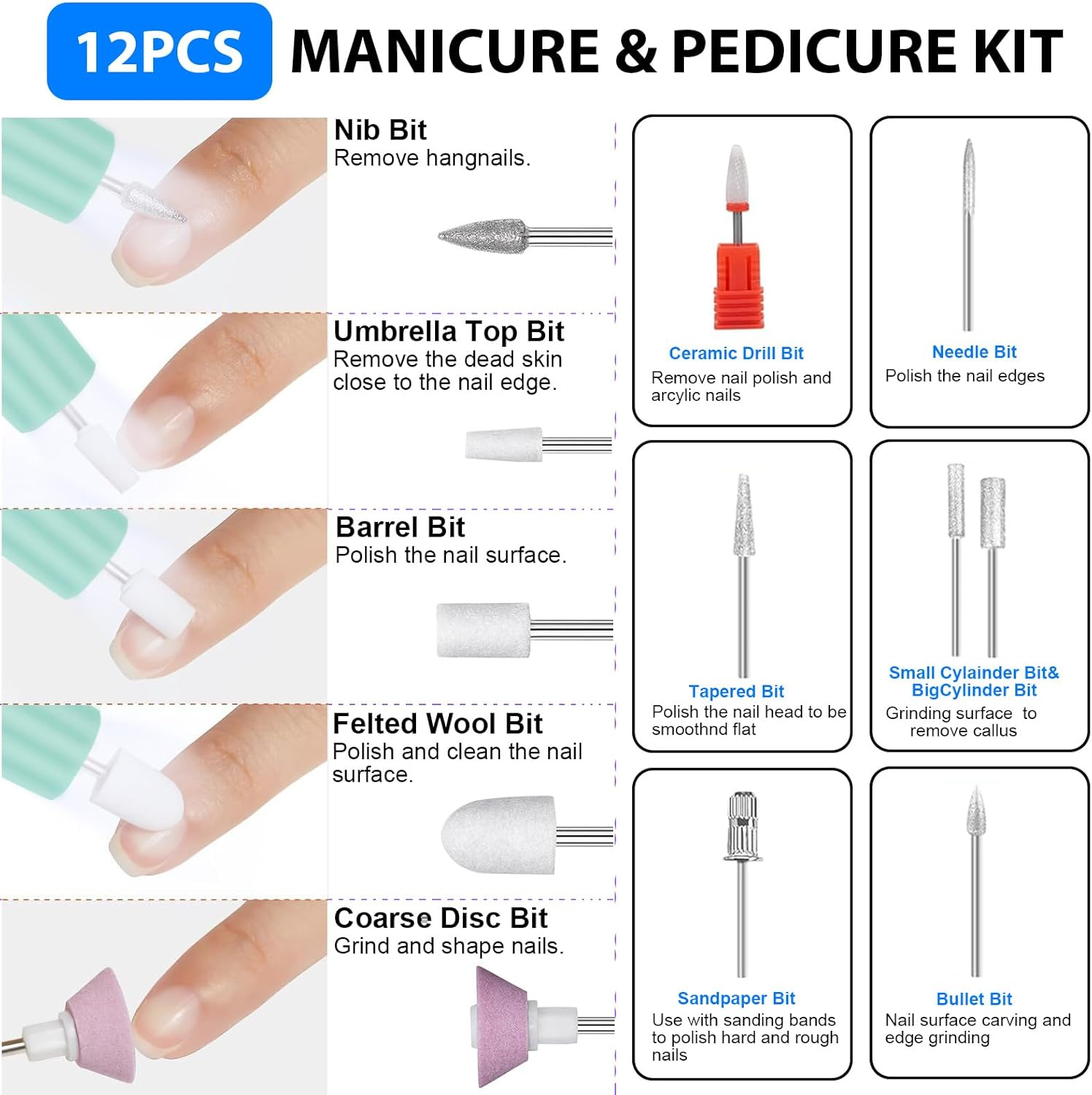 Cordless Electric Nail Drill with 360&deg; Ring Light, Portable Nail File Kit for Acrylic, Gel Nails, Portable Home Manicure Kit for Manicure and Pedicure(Turquoise)