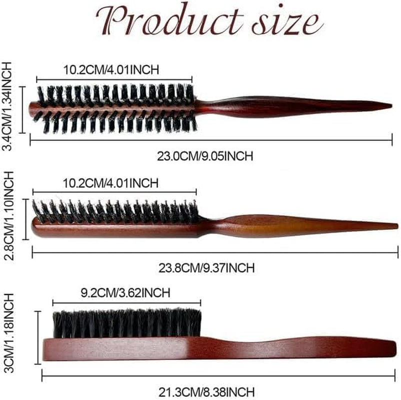 3Pcs Bristle Hair Brush Boar Bristle Hair Brush Set,Boar Bristle Brush Slick Back Hair Brush Teasing Brush Soft Bristle Hair Brush,Round Boar Bristle Hair Brush,Boar Bristle round Brush,Teasing Brush image number 3