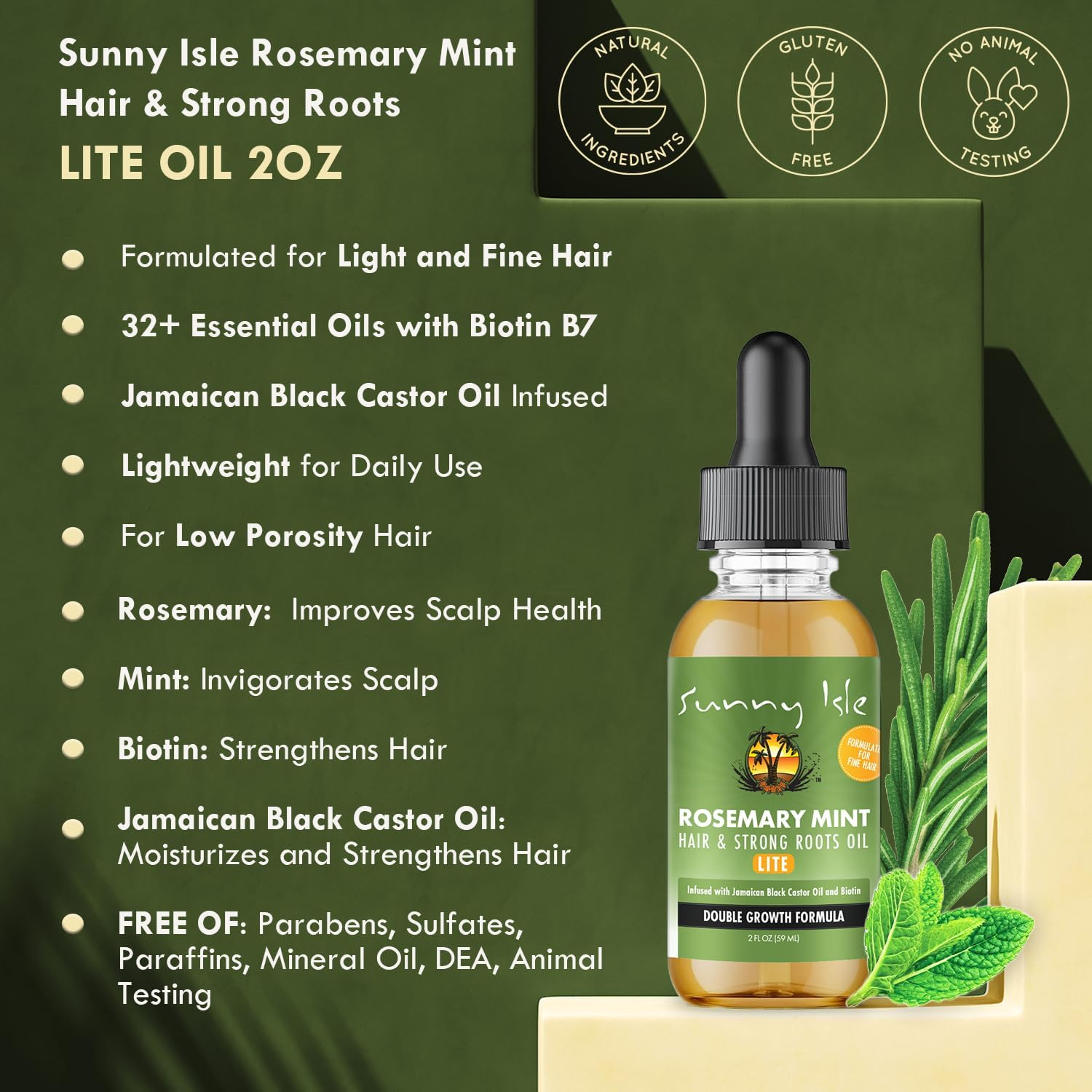 Sunny Isle Rosemary Mint Hair and Strong Roots Oil Lite 2Oz, for Light, Thin Hair, Infused with Biotin & Jamaican Black Castor Oil, Nourish Hair Follicles, Dry Scalp, Split Ends image number 3