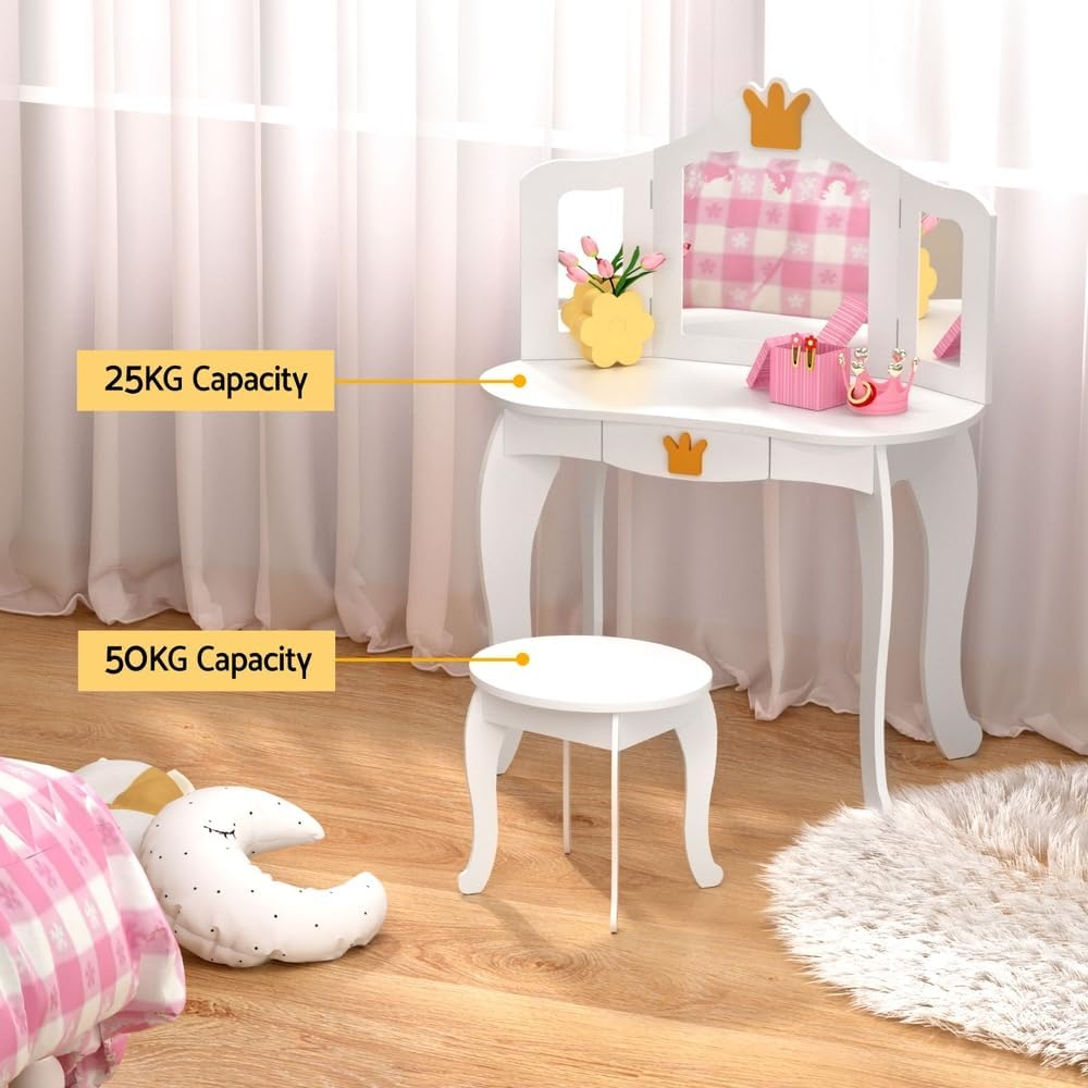 Keezi Kids Dressing Table Vanity Makeup Chair Set Wooden 3 Mirror Drawer White image number 5