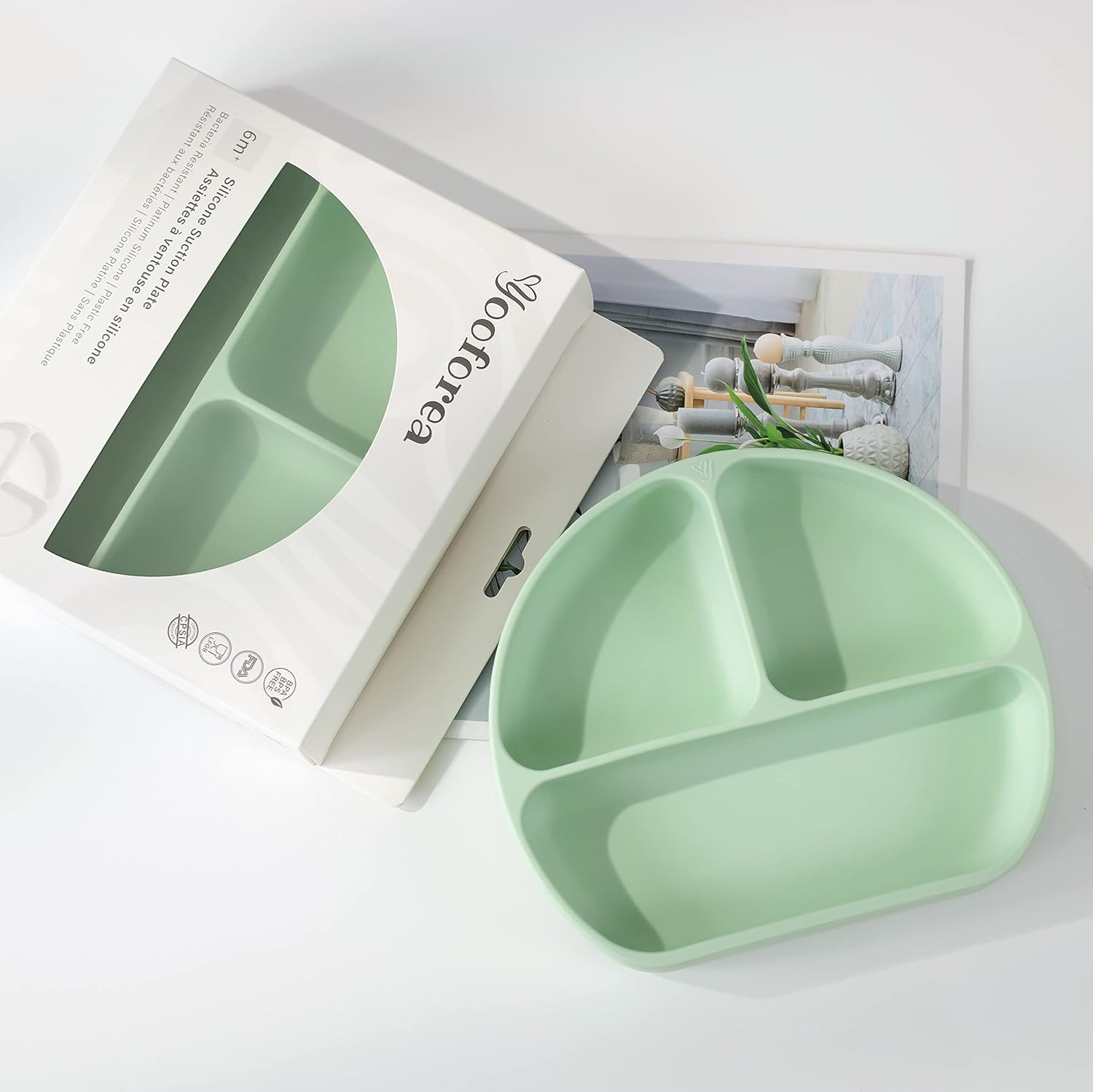 Yooforea Platinum Silicone Baby Suction Plate (Upgraded), Baby Led Weaning Plate, 100% Food Grade Silicone, Non Sticky Stain Resistant by UV Treatment, Dishwasher, Microwave Safe, BPA BPS Free - Tea - Fog image number 3